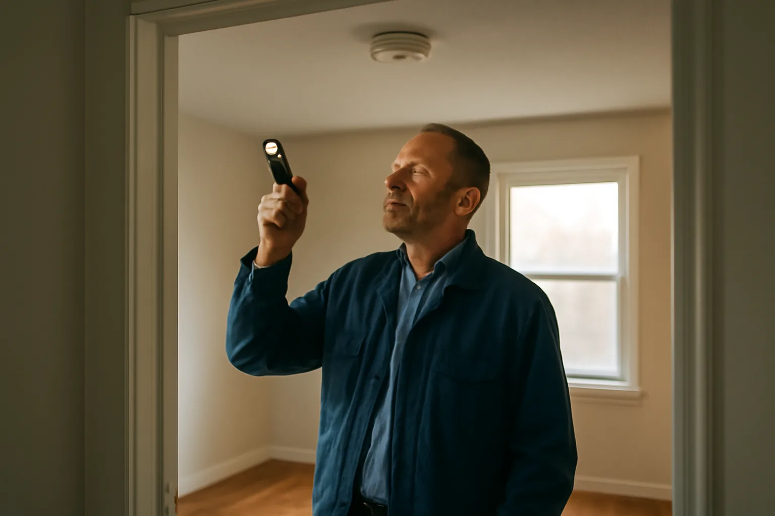 Landlord inspecting a smoke detector in an empty rental unit before licensing inspection