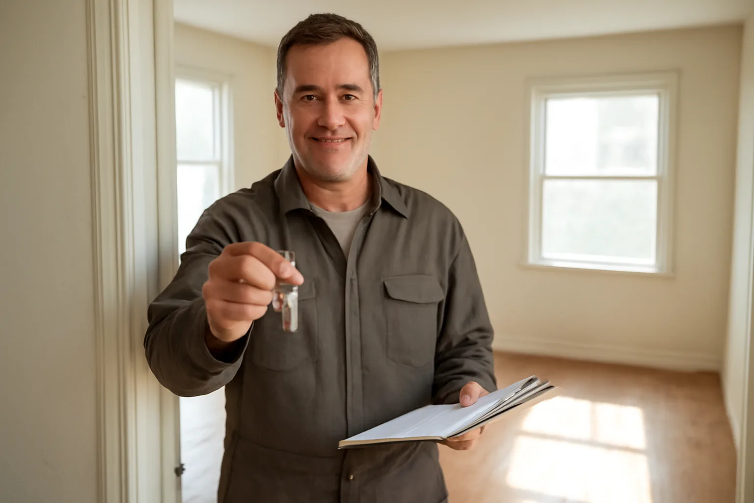 Landlord holding keys in an empty rental unit during a walk-through inspection