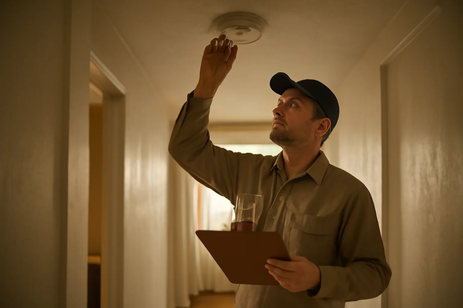 Landlord checking a smoke detector during a rental unit inspection walk-through