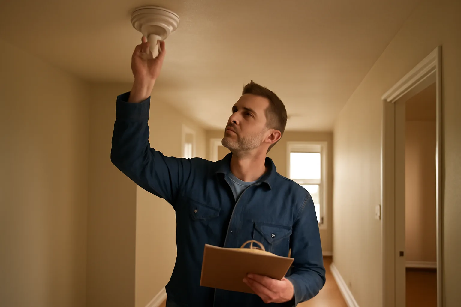Landlord checking a smoke detector during a rental property inspection walkthrough
