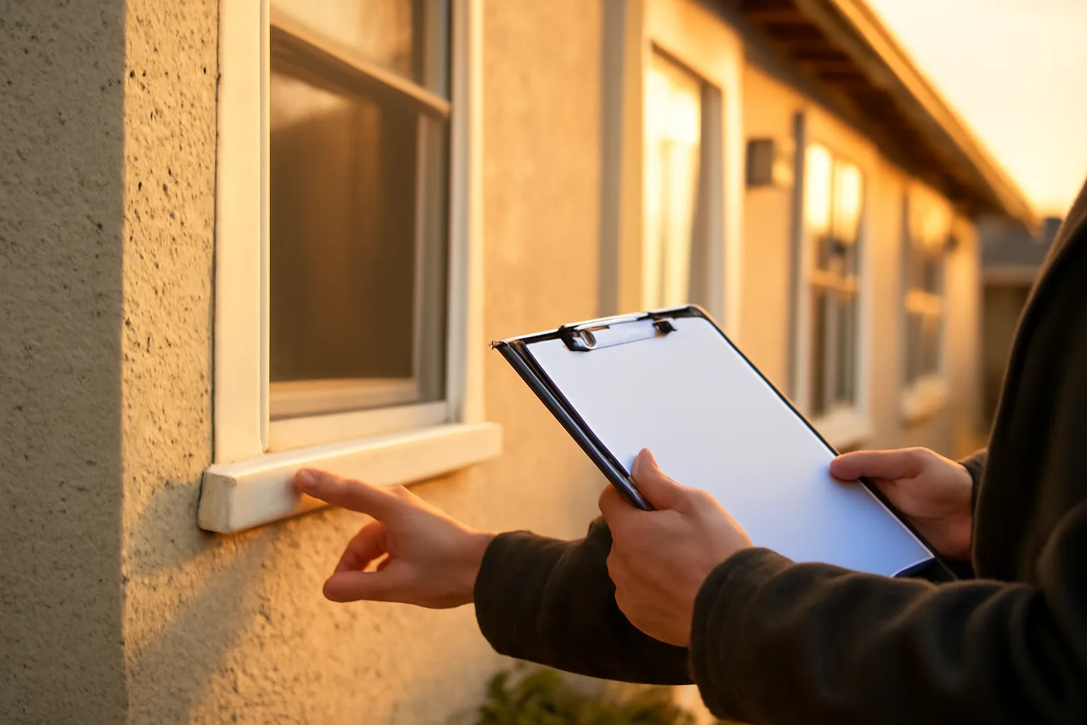 Landlord inspecting a rental duplex exterior during a walk-through at golden hour