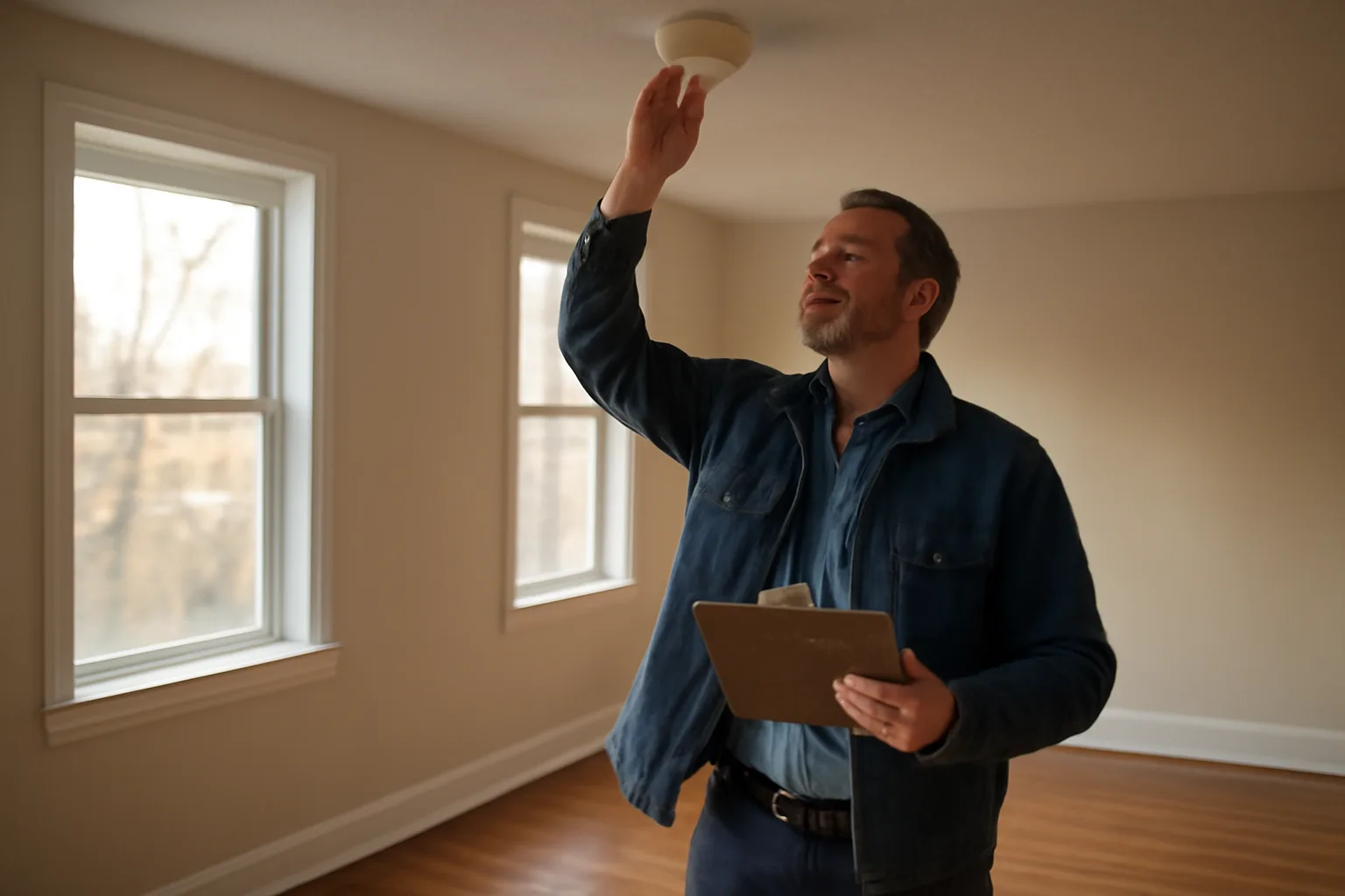 Landlord inspecting a smoke detector during a rental property walk-through