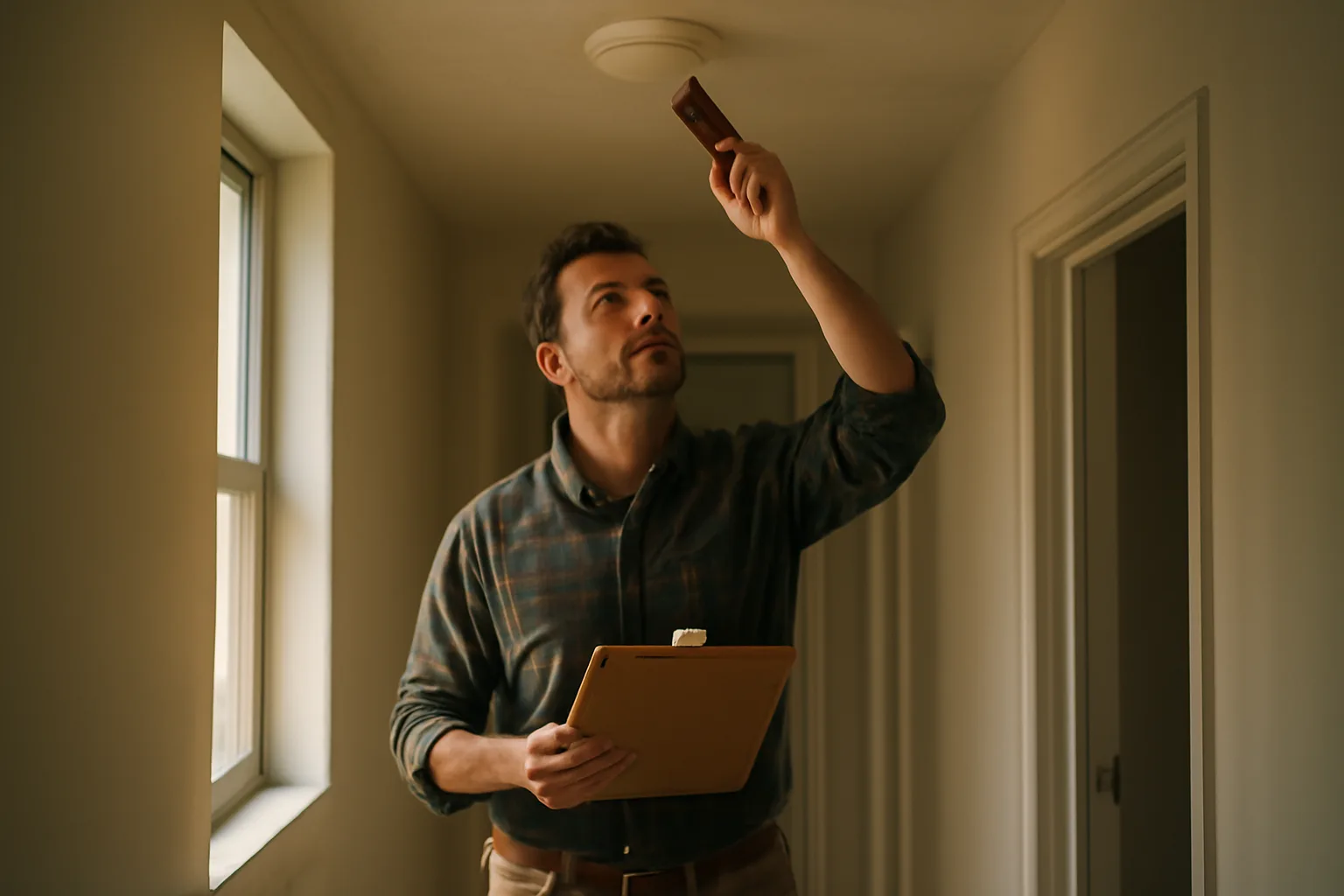 Landlord checking a smoke detector during a rental unit inspection walk-through
