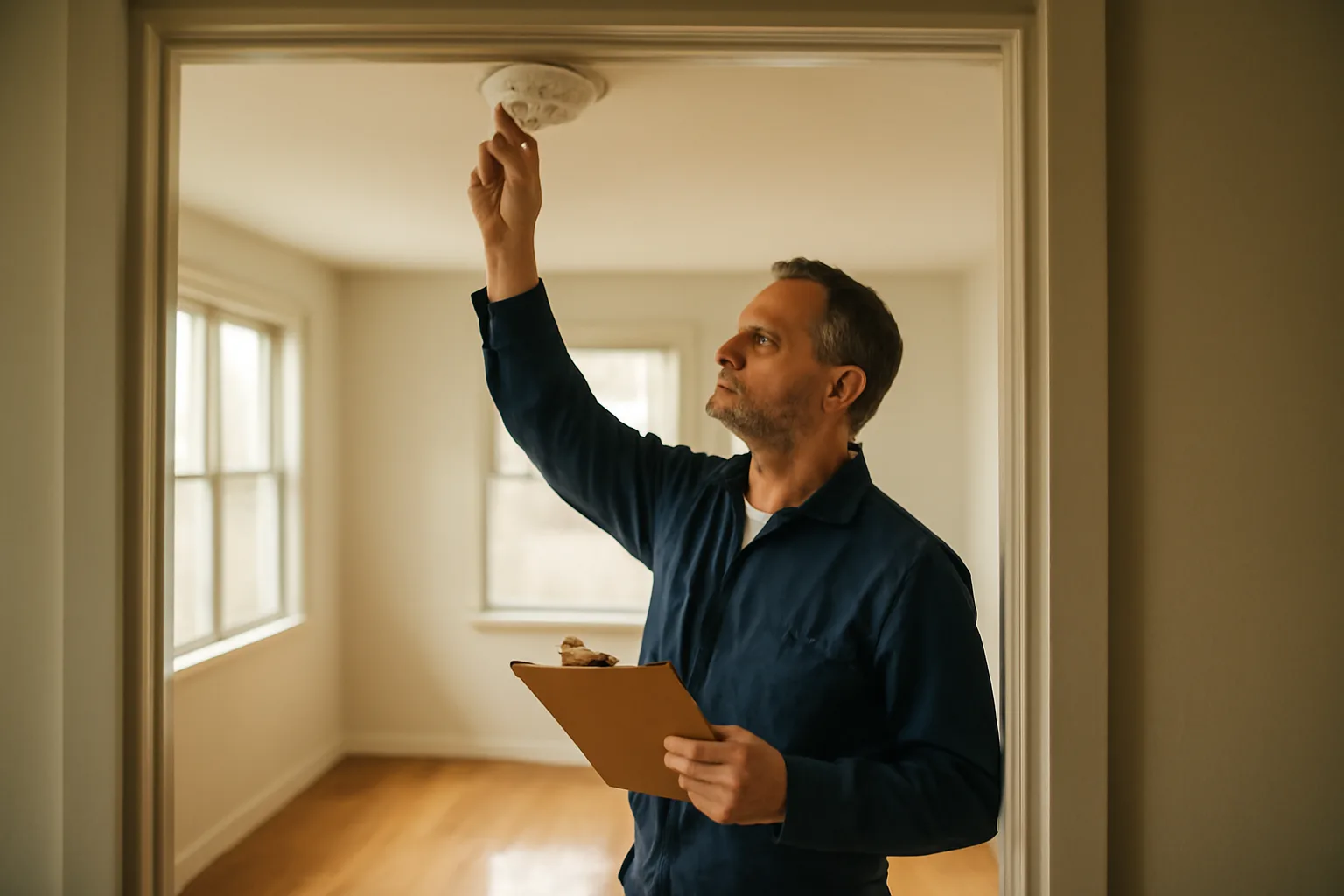 Landlord checking a smoke detector during a rental unit inspection walkthrough