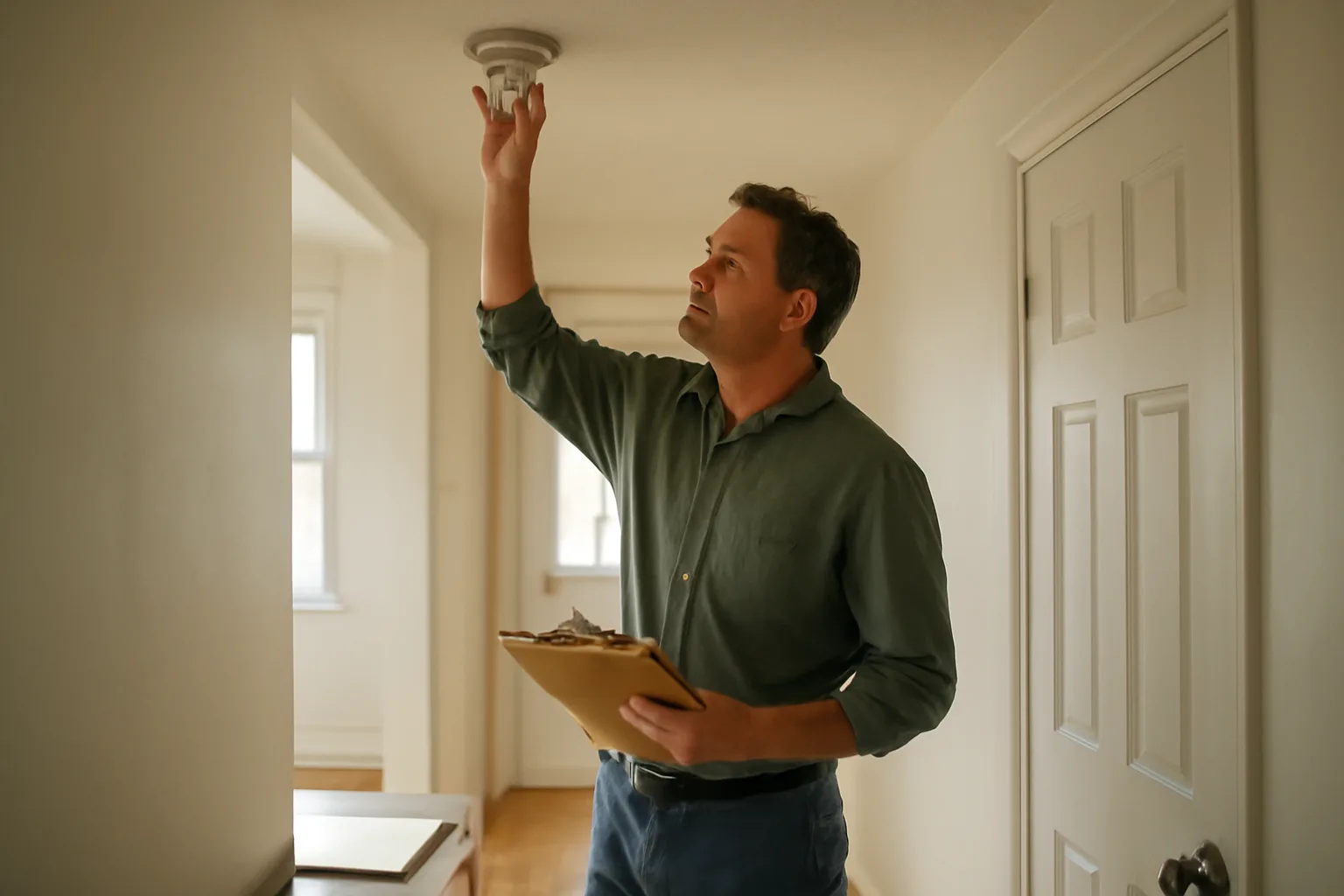 Landlord inspecting a smoke detector during a rental unit walk-through inspection