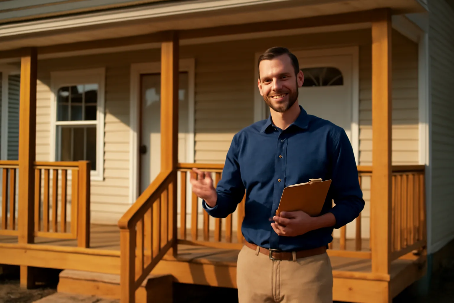 Landlord standing outside a duplex holding keys before a short-term rental inspection