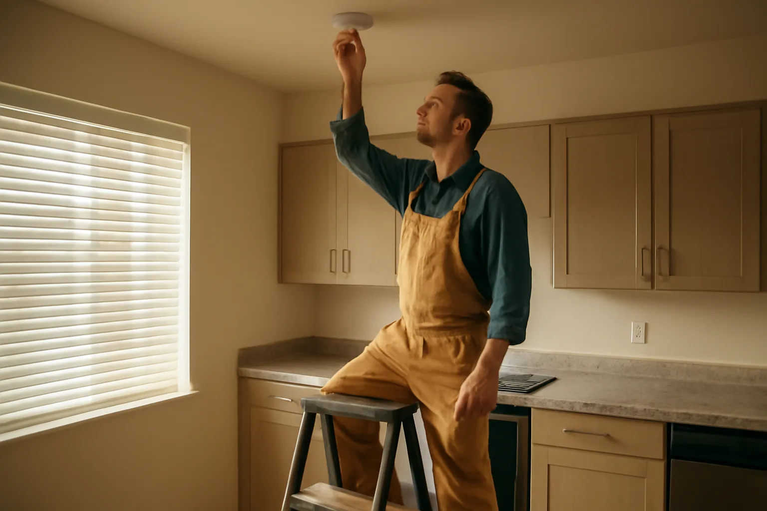 Landlord checking a smoke detector during a rental property inspection walk-through