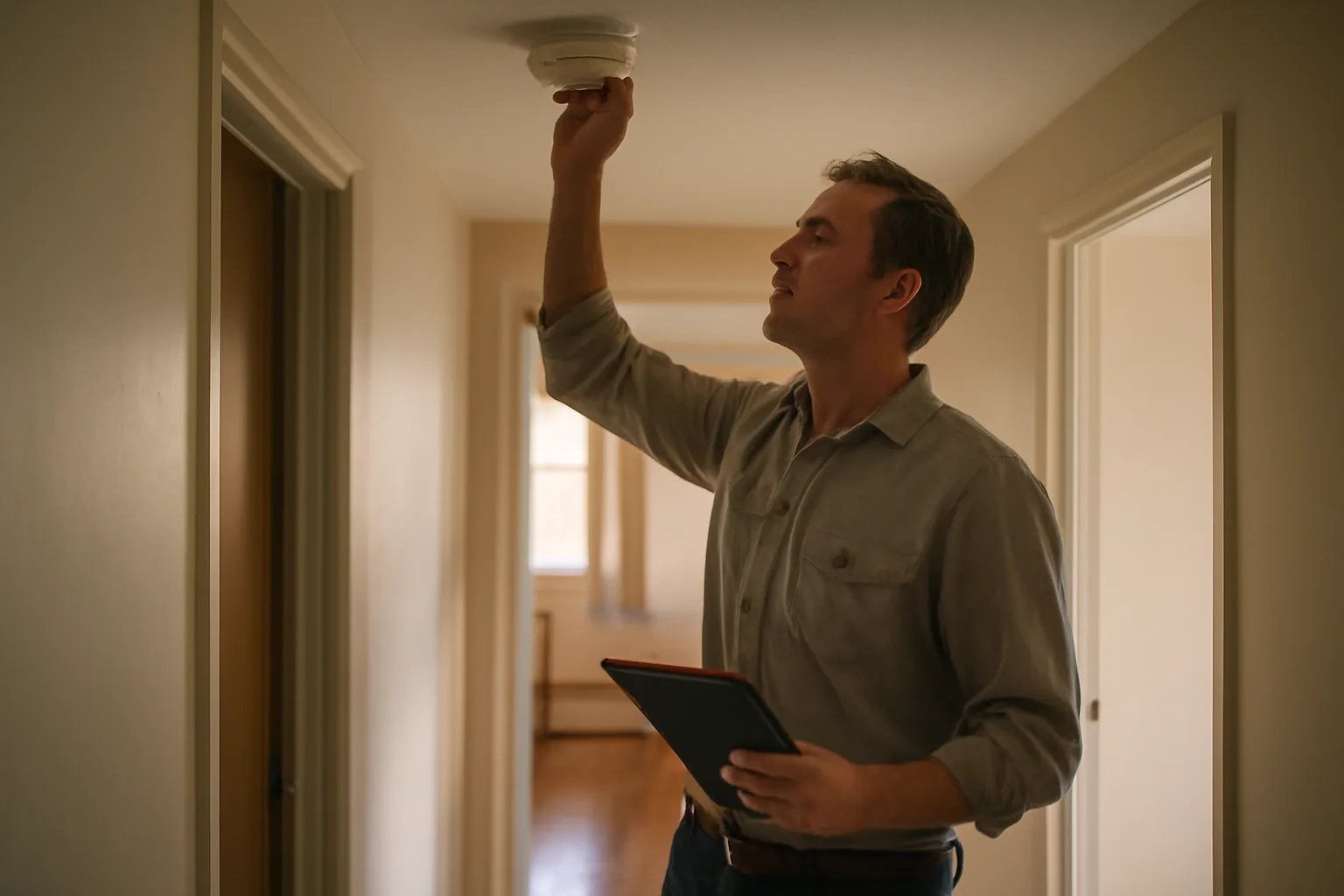 Landlord checking a smoke detector during a rental unit inspection