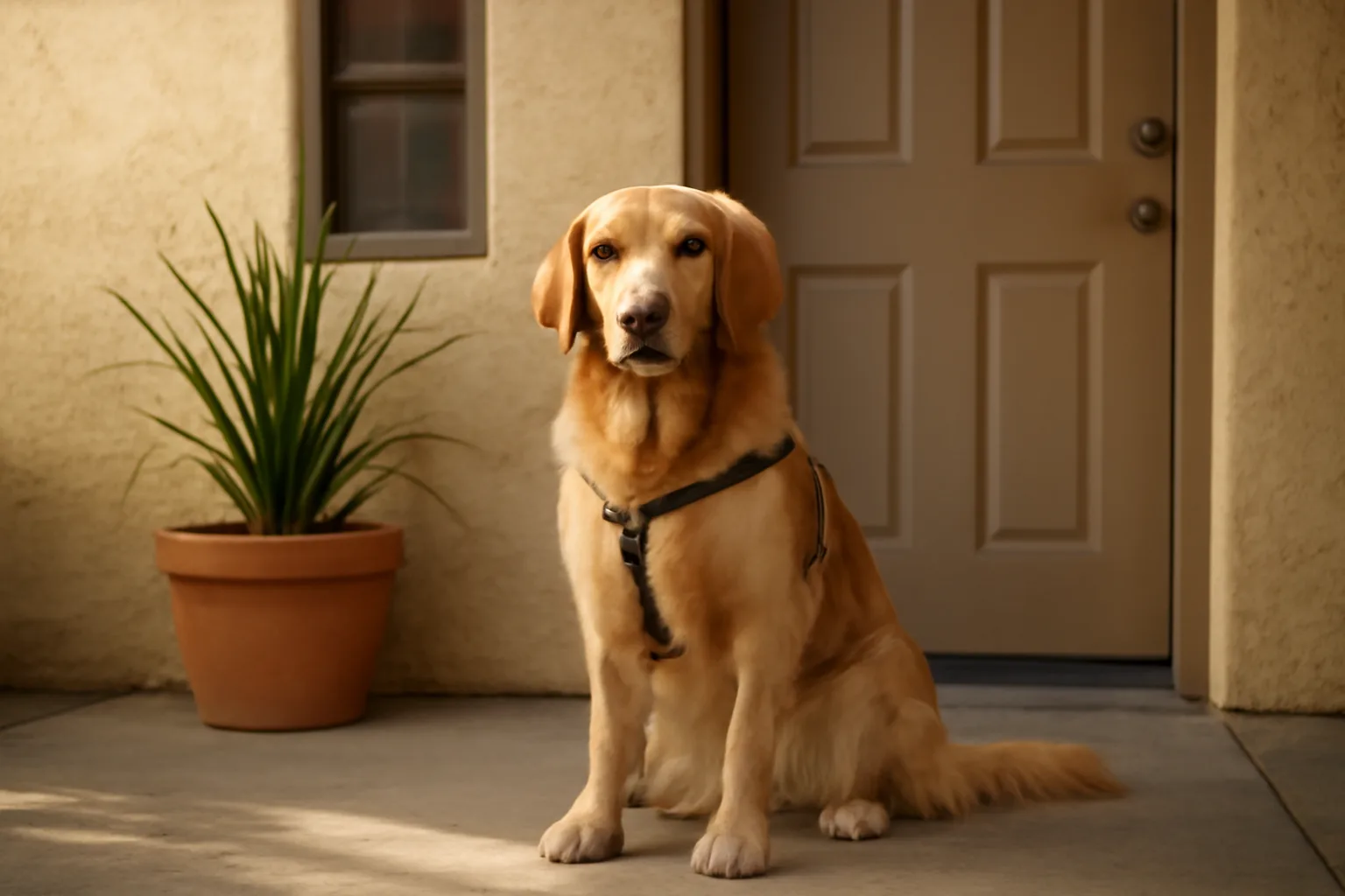 Service dog in a harness sitting by a California rental apartment front door