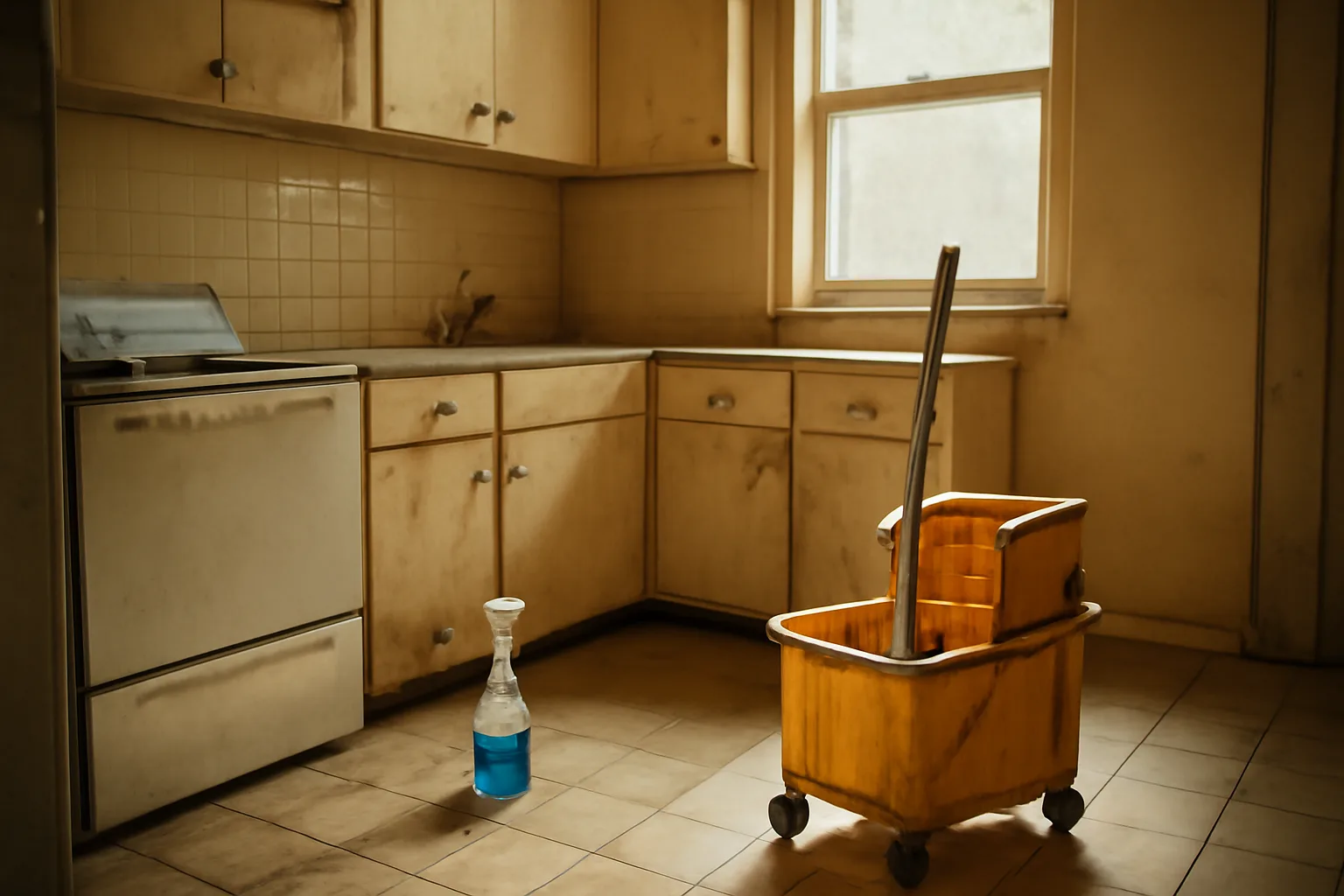 Empty rental apartment kitchen being cleaned during a tenant move-out inspection