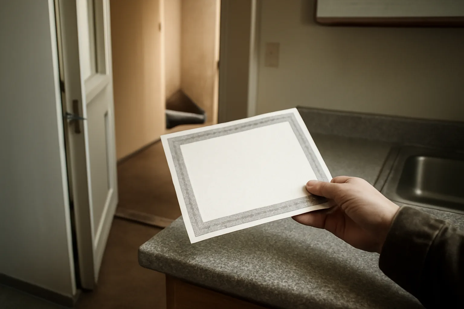 Landlord holding a printed paper rental license certificate near an apartment doorway