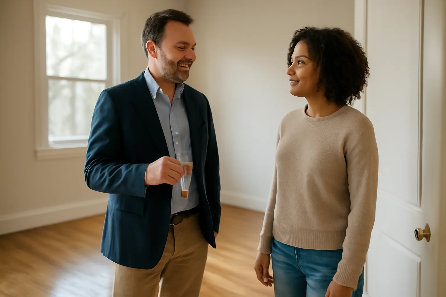 landlord and tenant doing a move-in walk-through in an empty rental unit