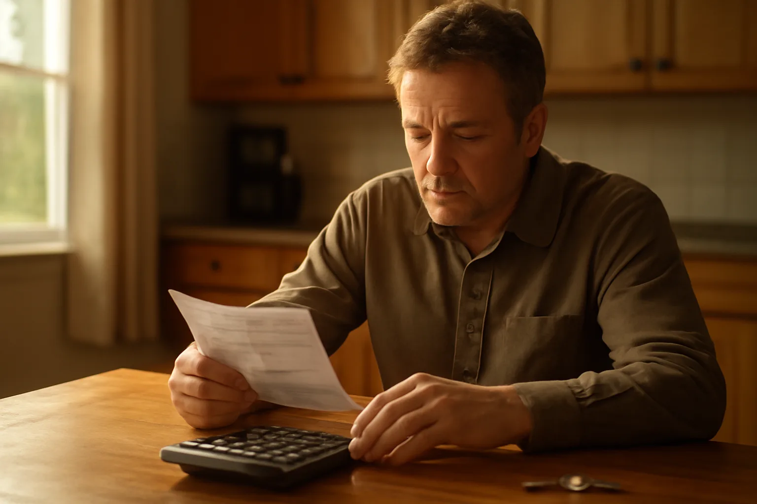 Landlord reviewing income documents and a calculator while screening a rental applicant