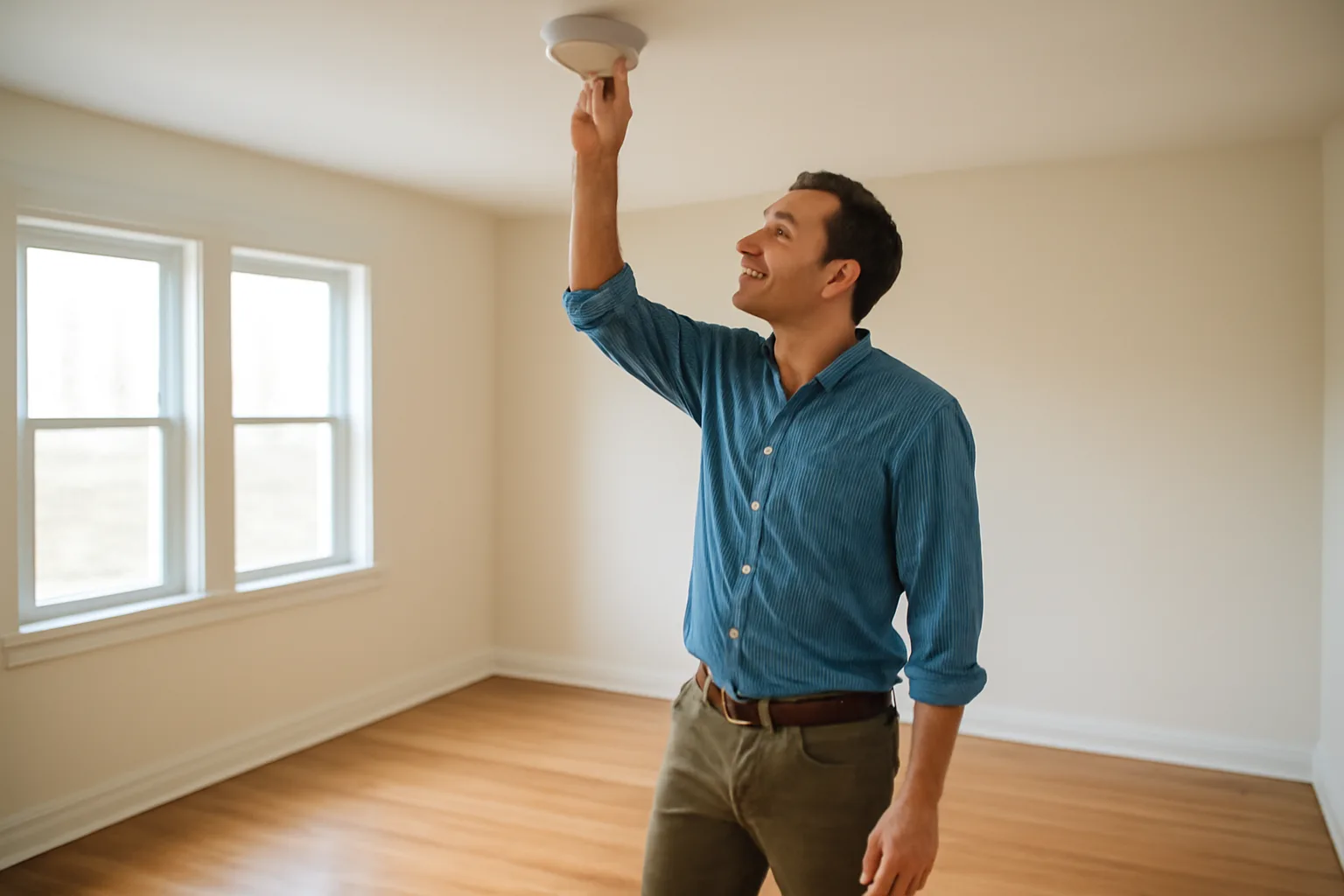 Landlord inspecting a smoke detector while walking through an empty rental unit