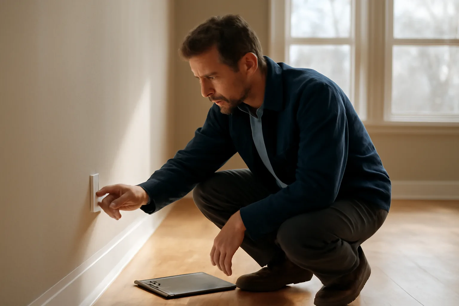 Landlord inspecting an electrical outlet during a rental unit walk-through inspection