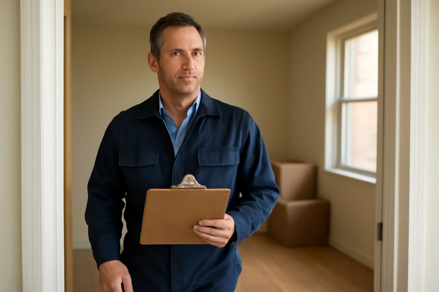 Landlord standing in doorway of empty rental unit during an inspection