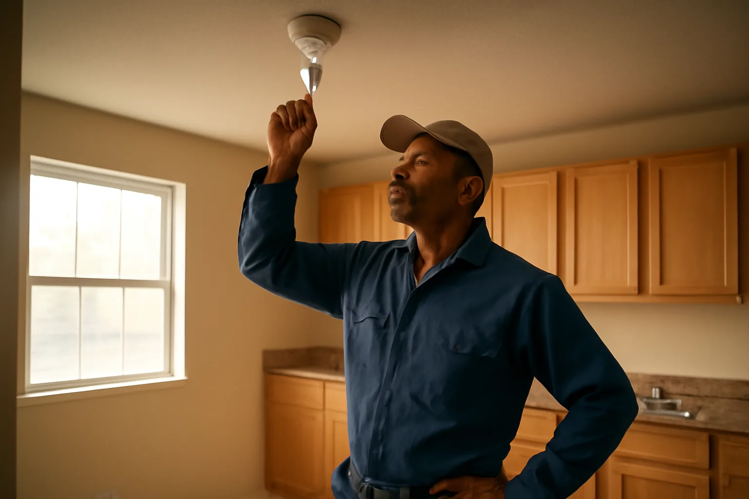 Landlord checking a smoke detector during a rental unit inspection walk-through