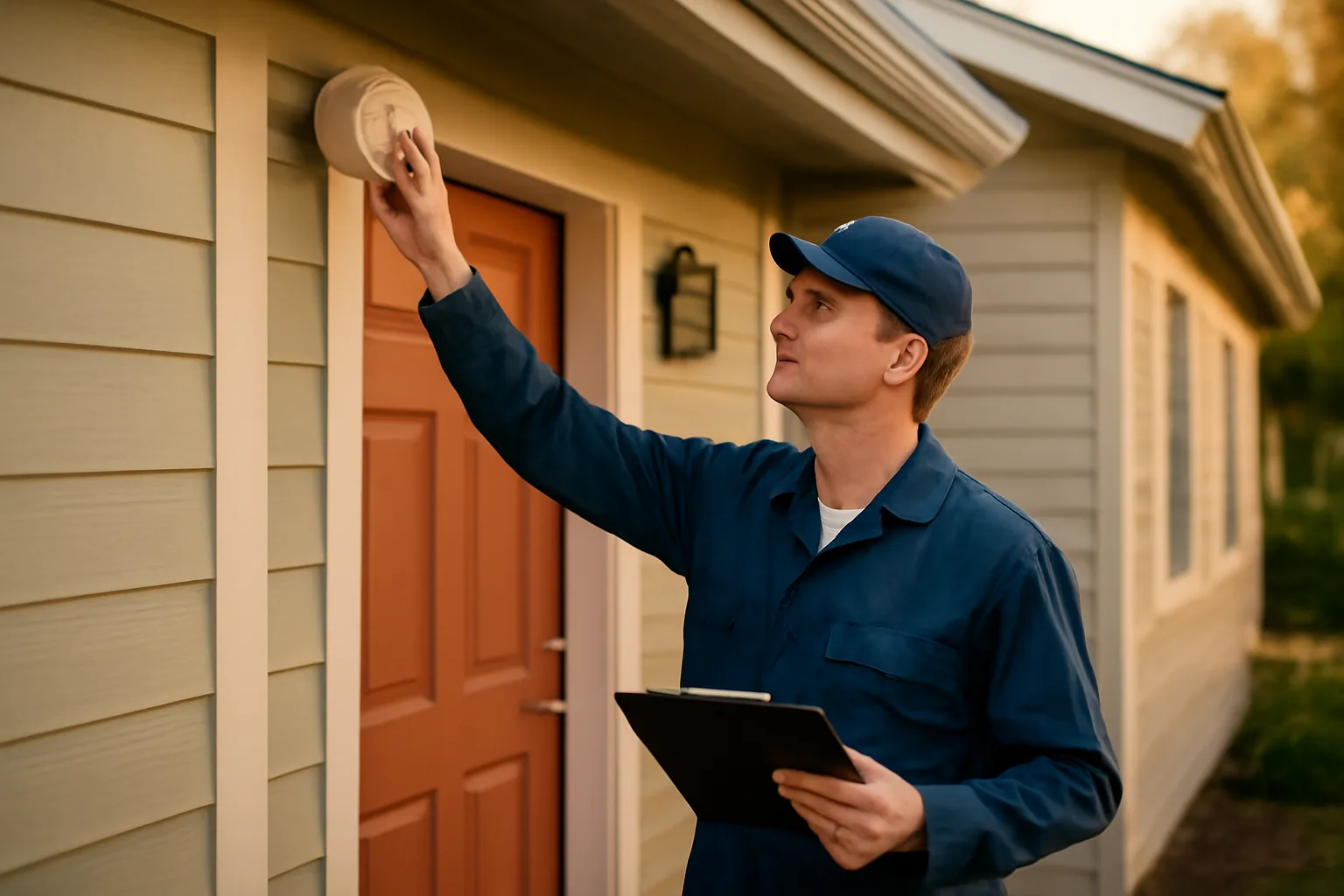 Landlord checking a smoke detector during a rental unit inspection at golden hour