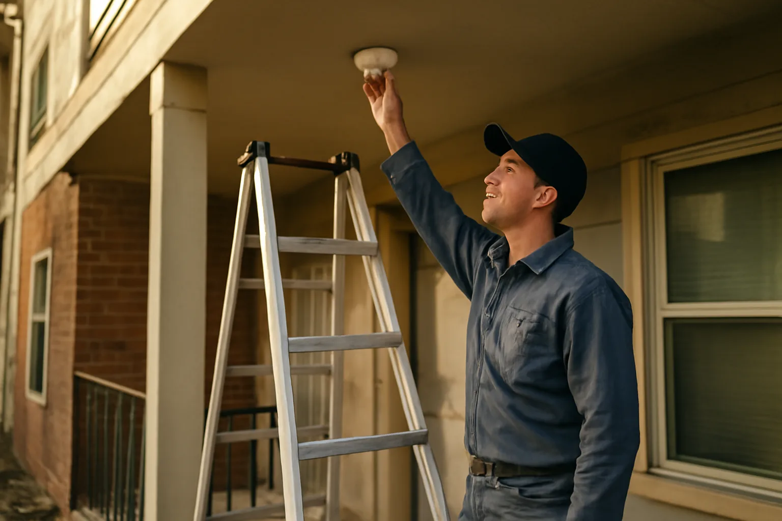 Landlord checking a smoke detector during a rental property insurance and safety inspection