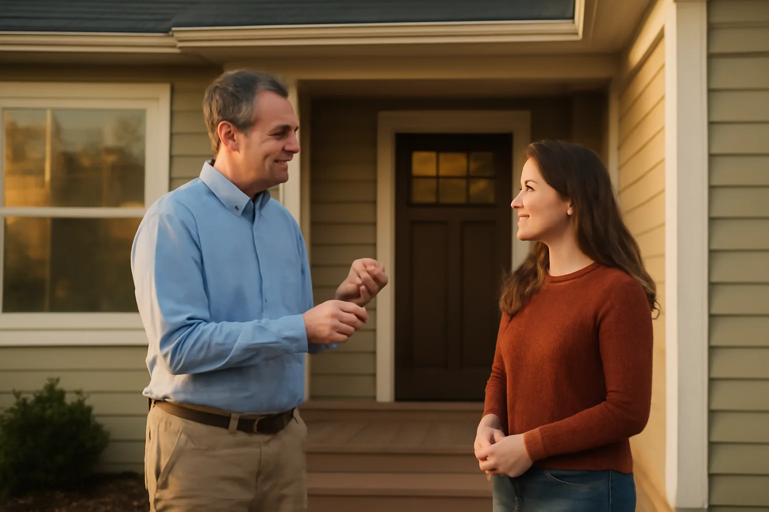 Landlord and prospective tenant talking on porch while discussing criteria for renting a house