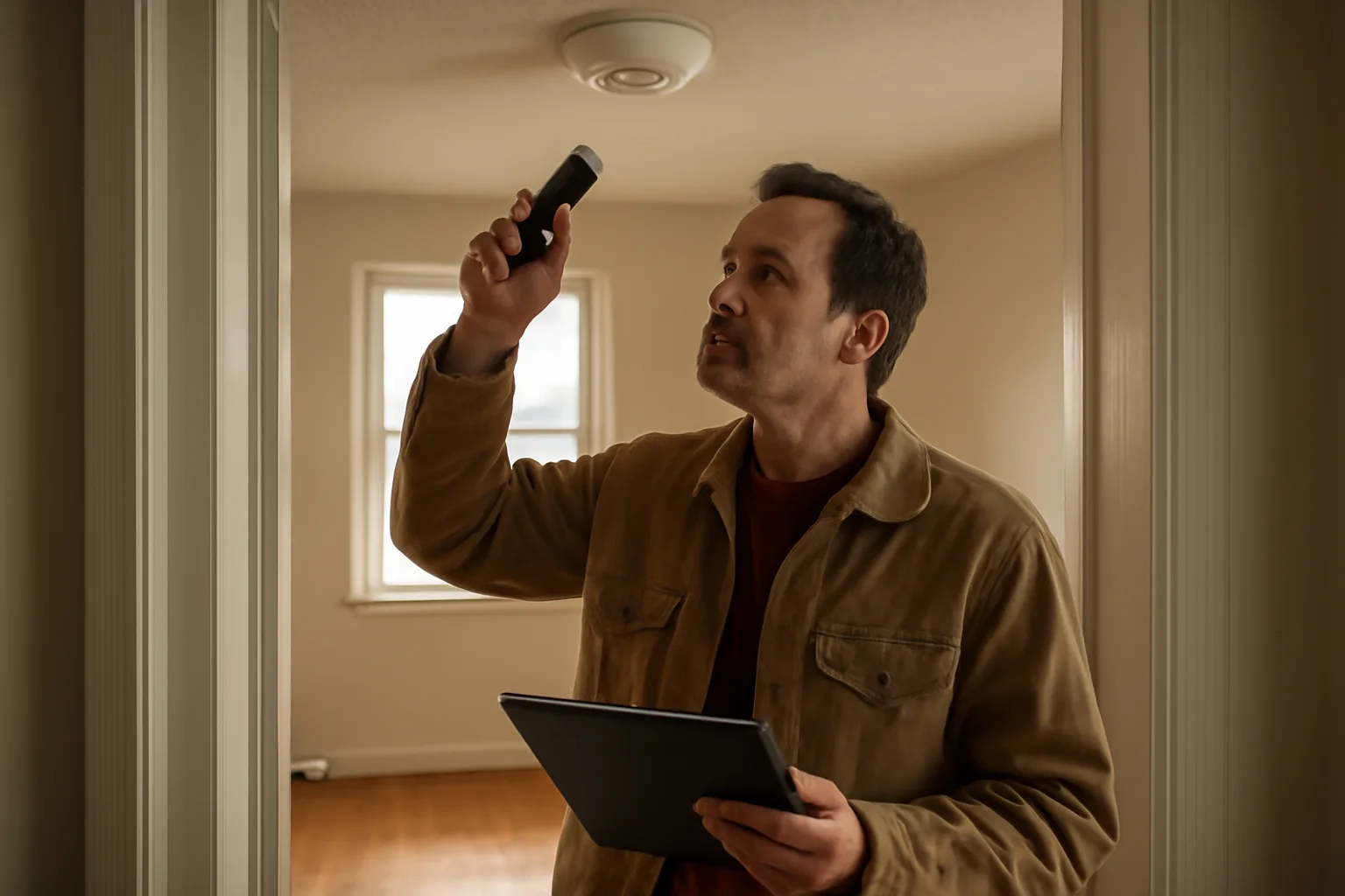 Landlord checking a smoke detector during a rental property inspection walkthrough