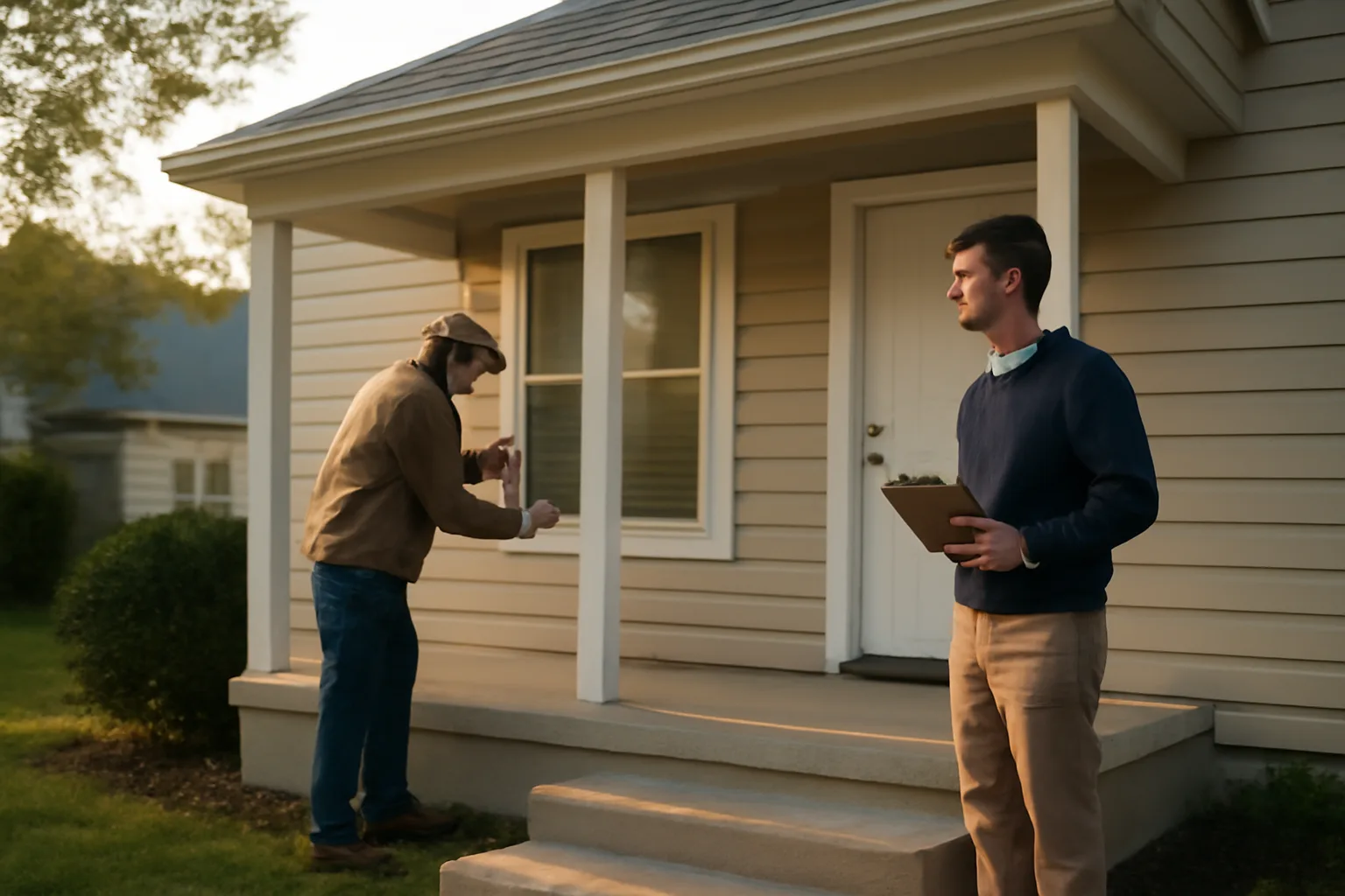 Landlord and inspector reviewing a rental home exterior during a licensing inspection