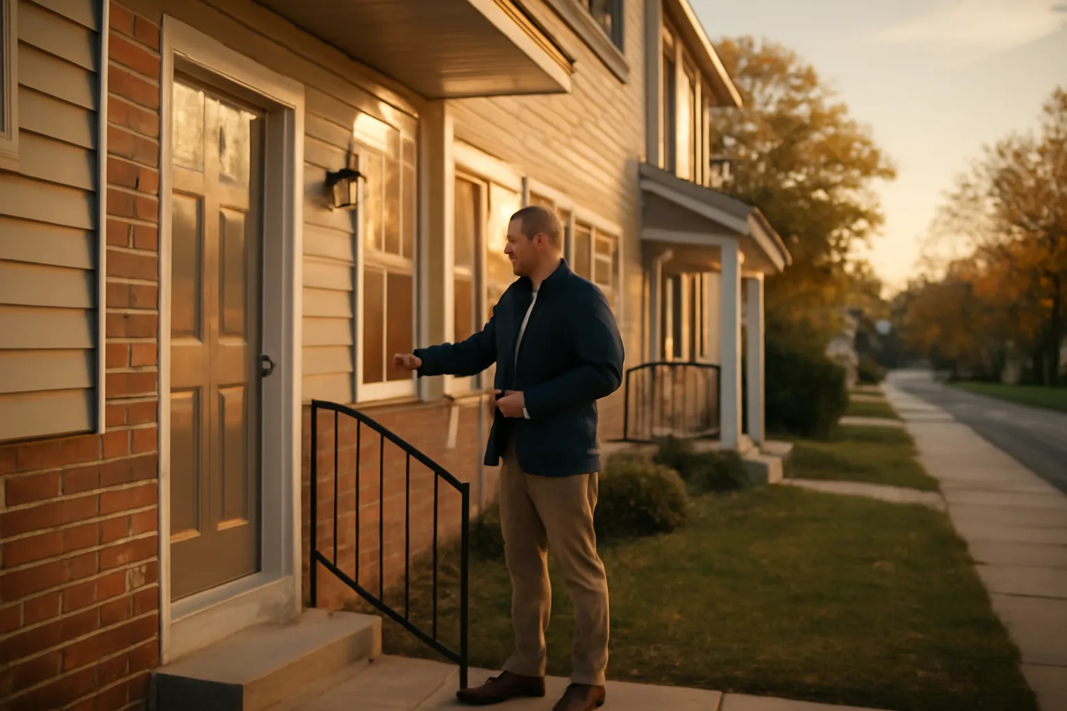 Landlord inspecting a small rental duplex exterior in late afternoon light