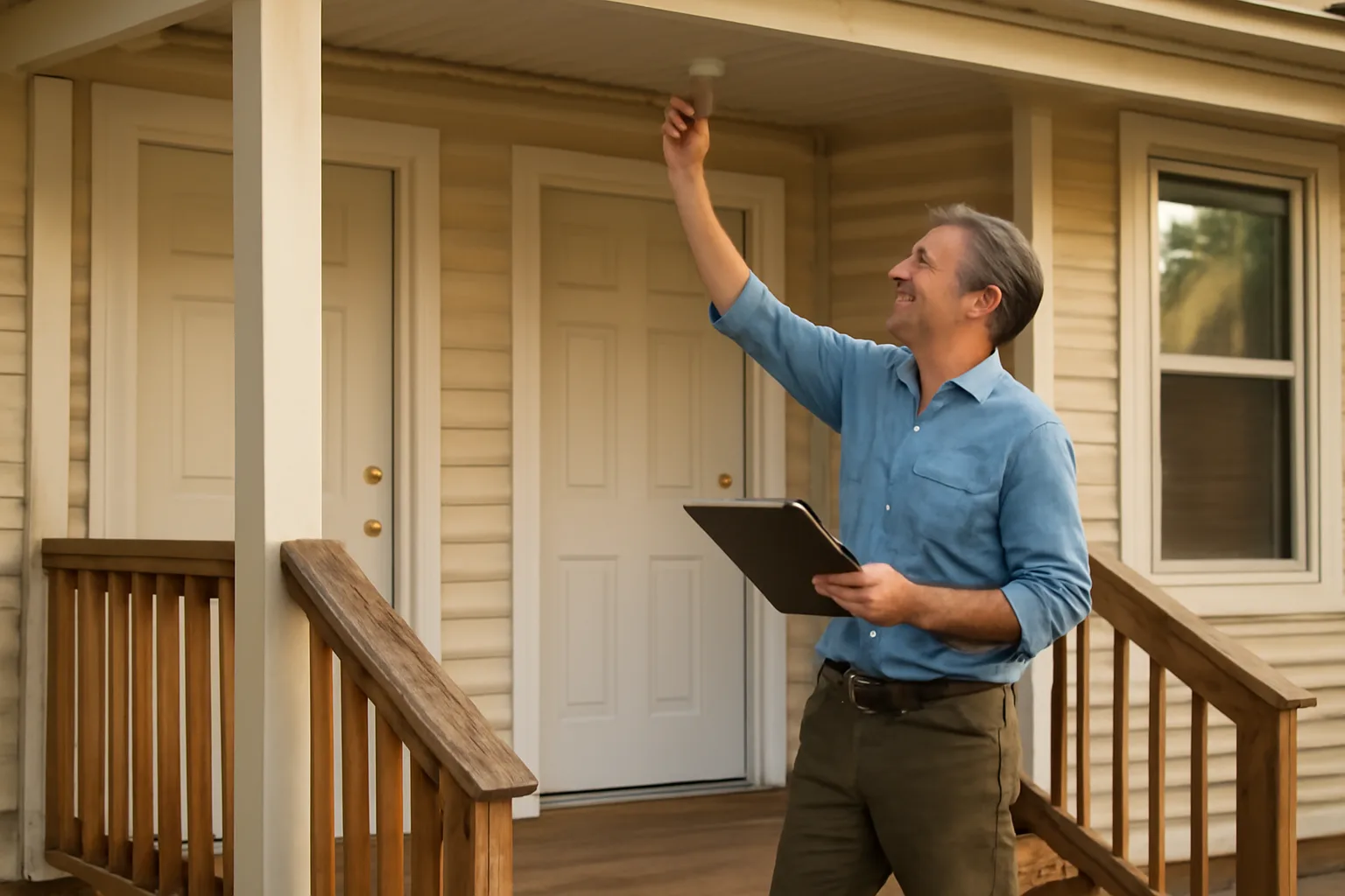 Landlord checking a smoke detector during a rental unit walkthrough inspection