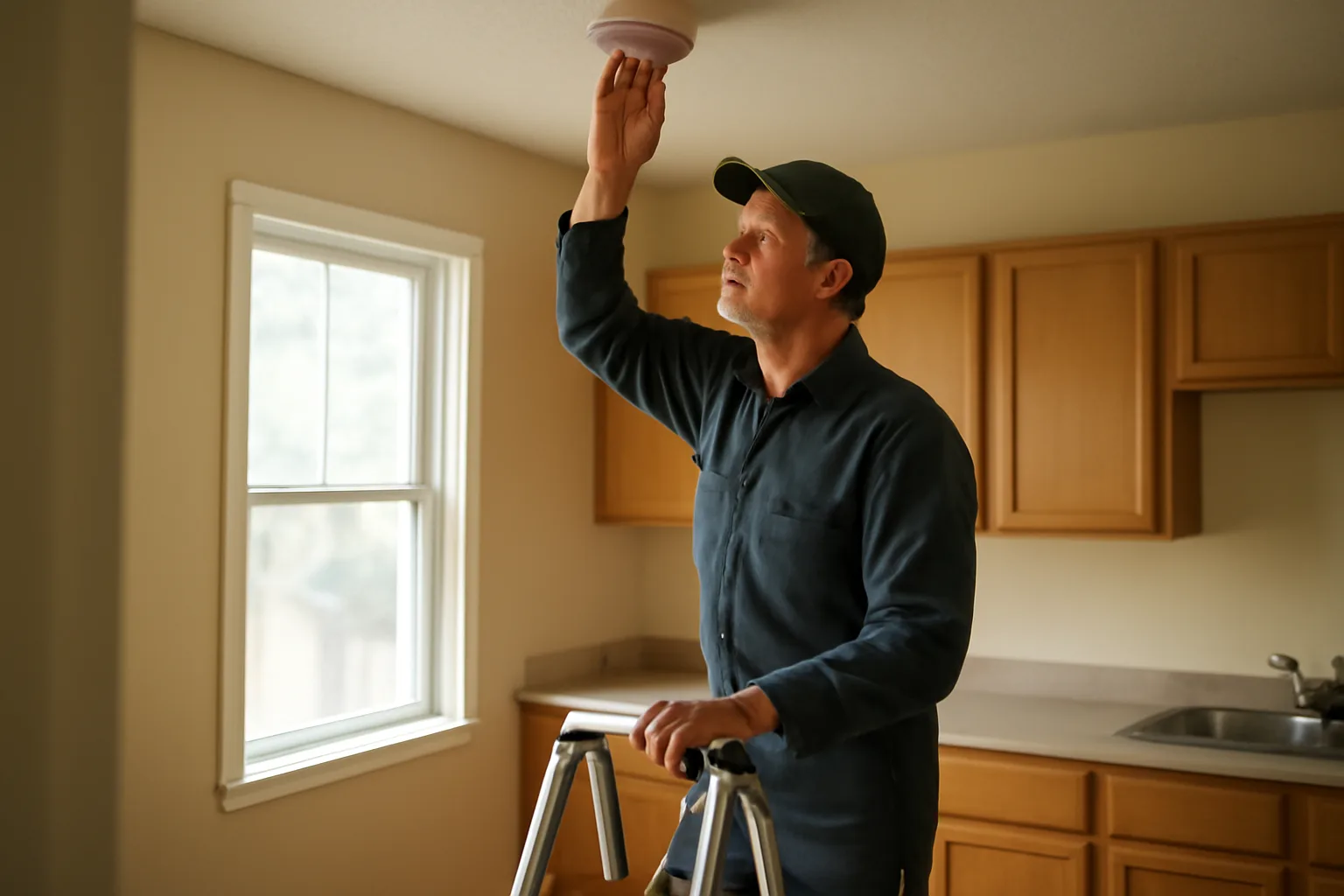 landlord checking a smoke detector during a rental unit inspection