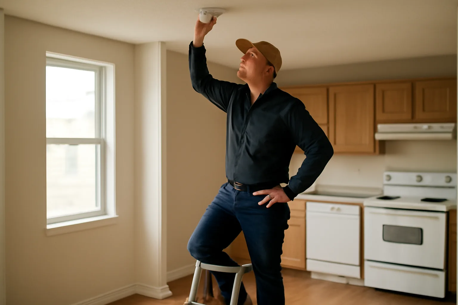 Landlord checking a smoke detector during a rental unit inspection walkthrough