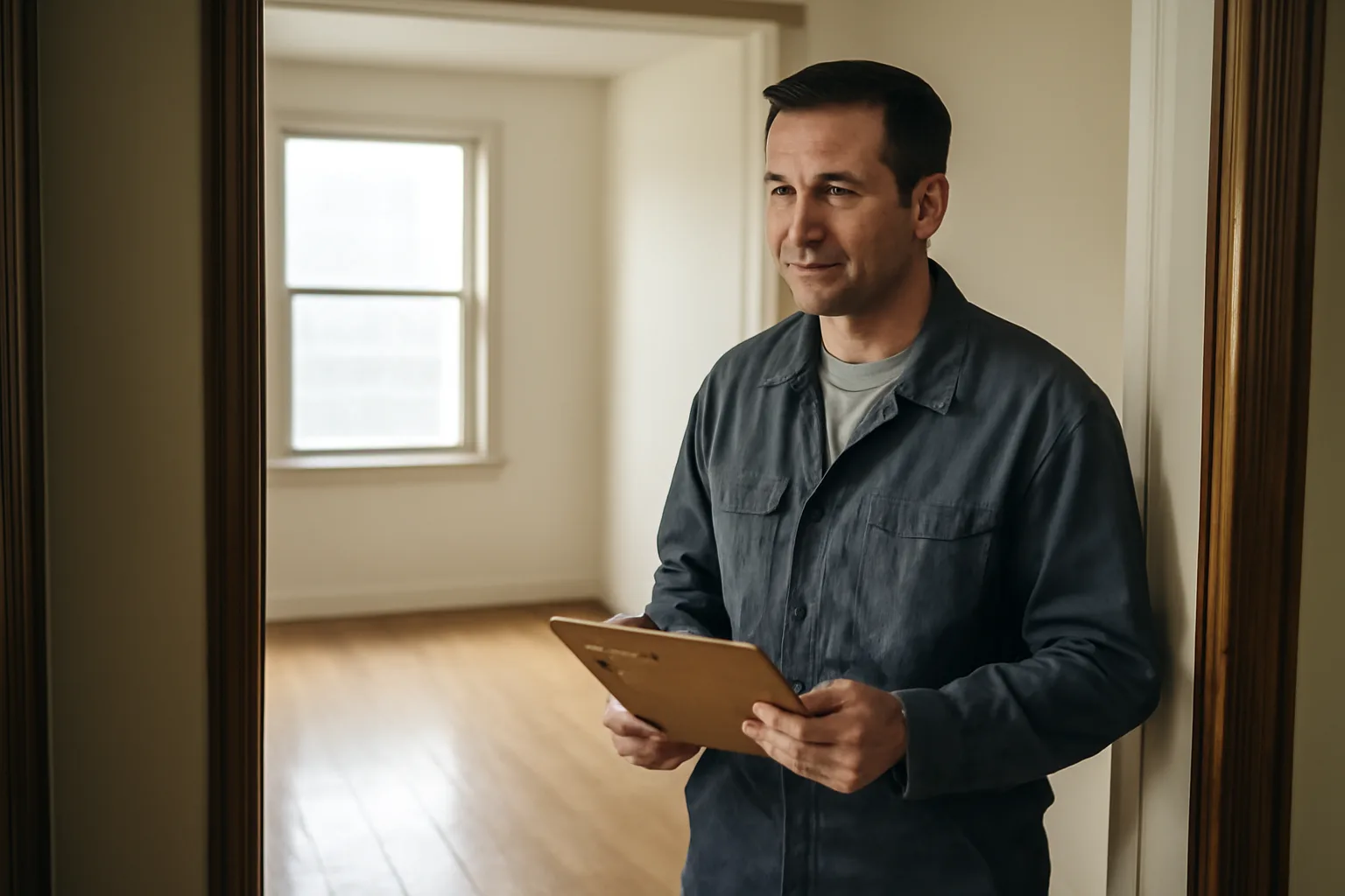 Landlord reviewing an empty rental unit during a compliance walk-through inspection