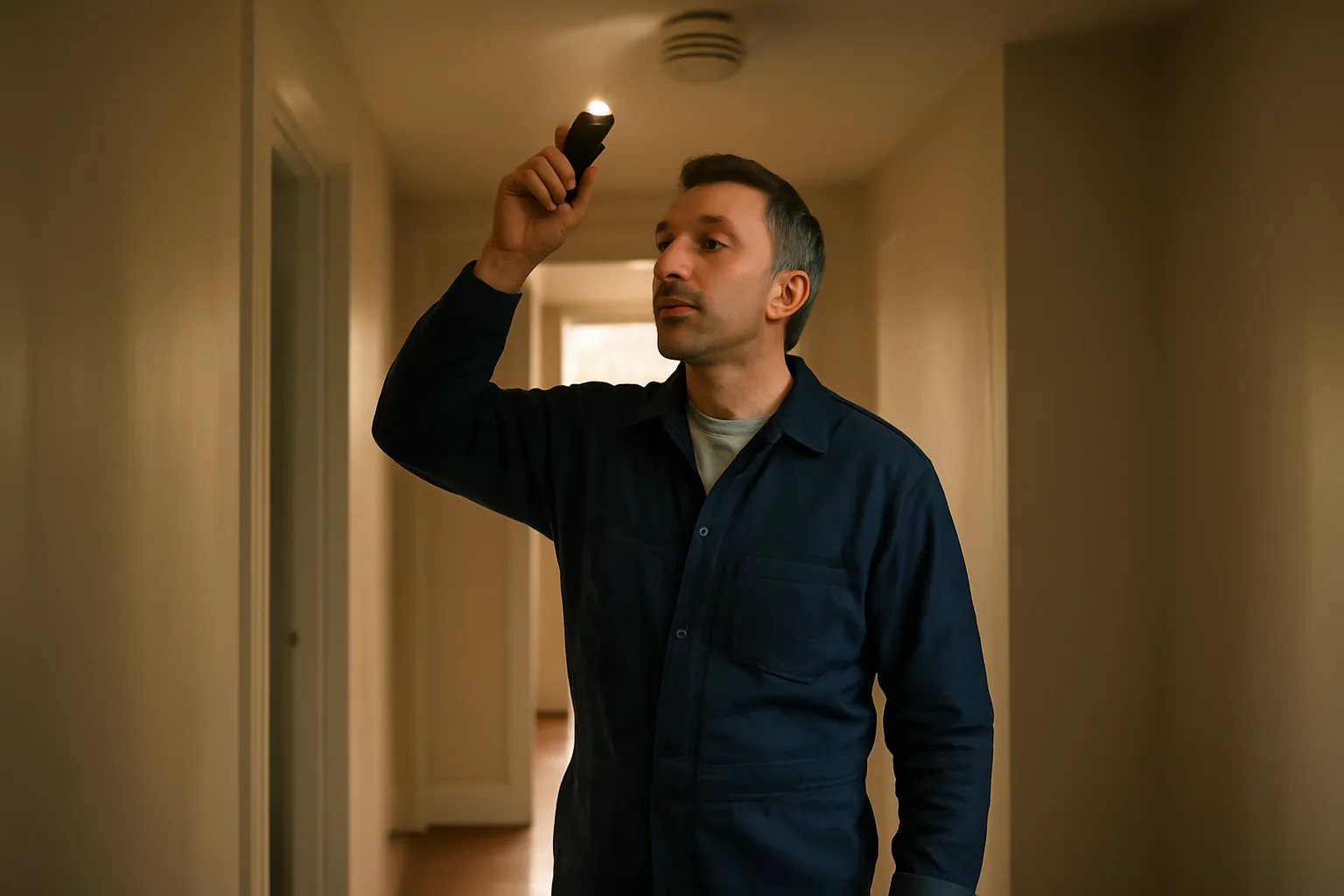 Landlord inspecting a smoke detector during a rental unit walk-through inspection