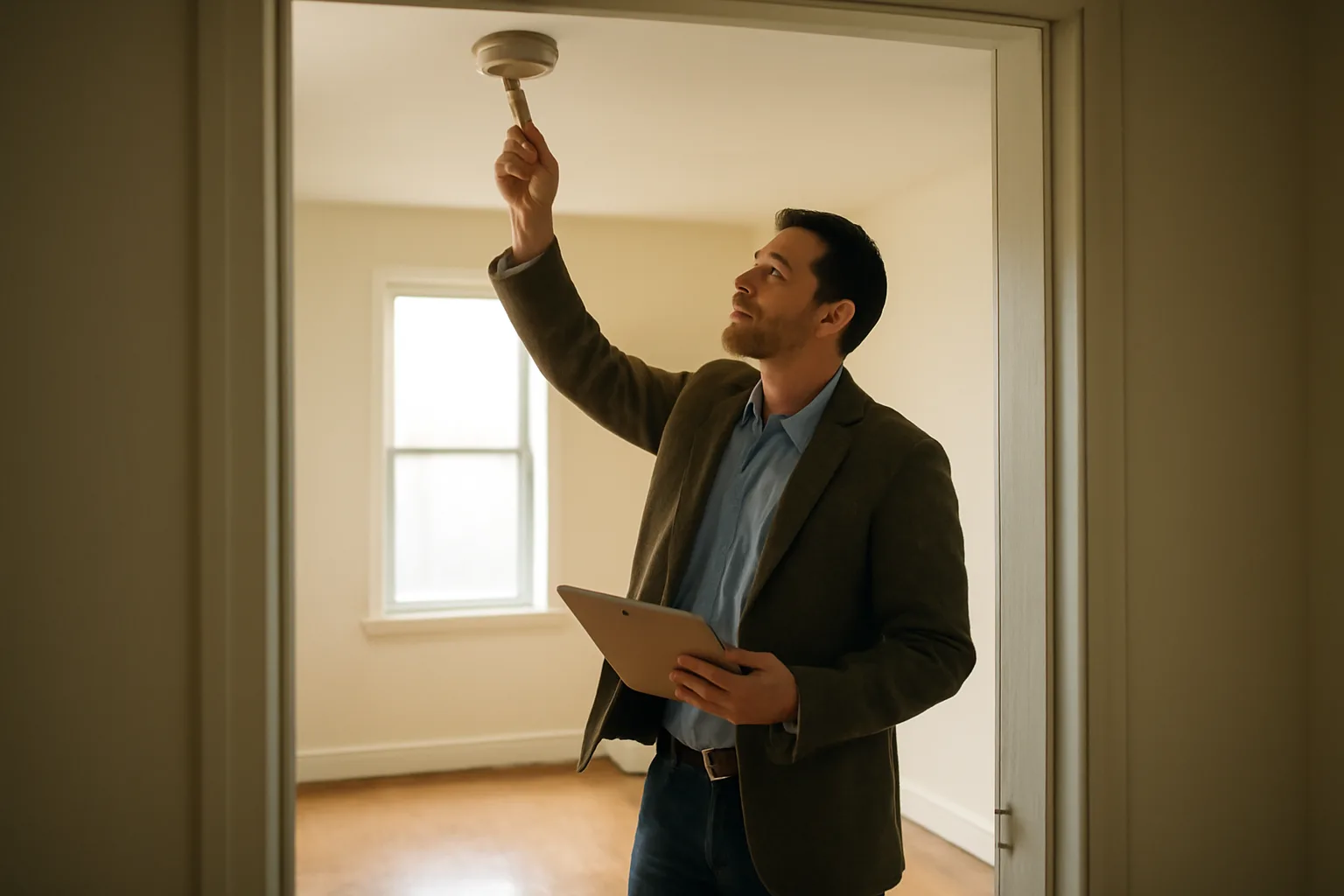 Landlord checking a smoke detector during a rental unit inspection