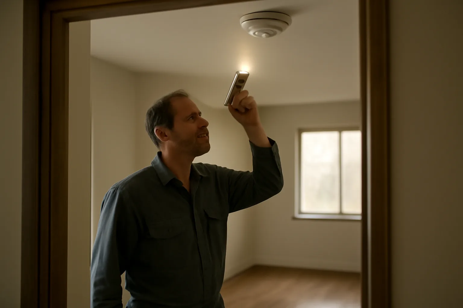 Landlord checking a smoke detector during a rental unit inspection walkthrough