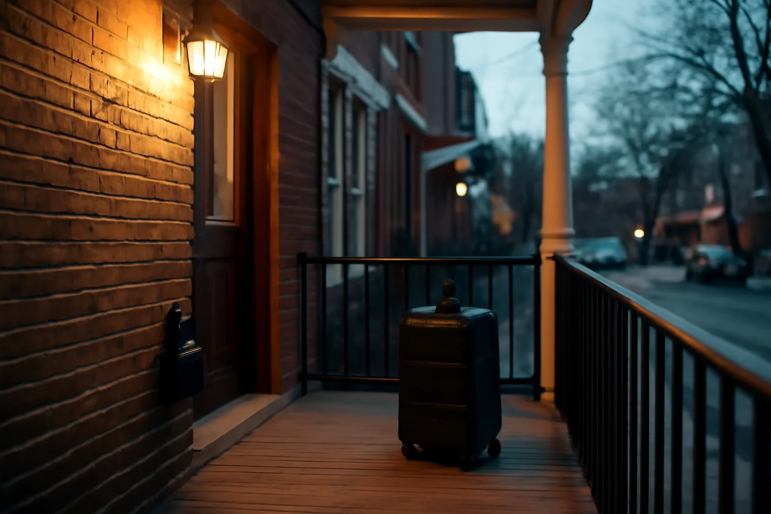 City rowhouse porch with a lockbox and suitcase suggesting an Airbnb rental setup