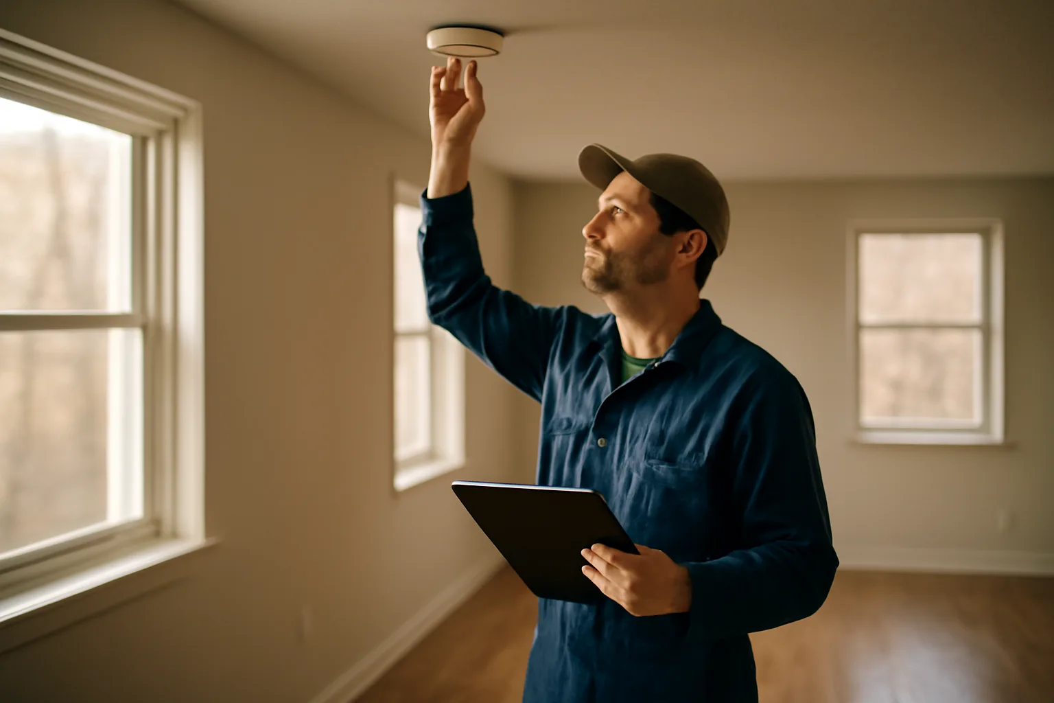 Landlord inspecting a smoke detector during a rental unit walk-through inspection