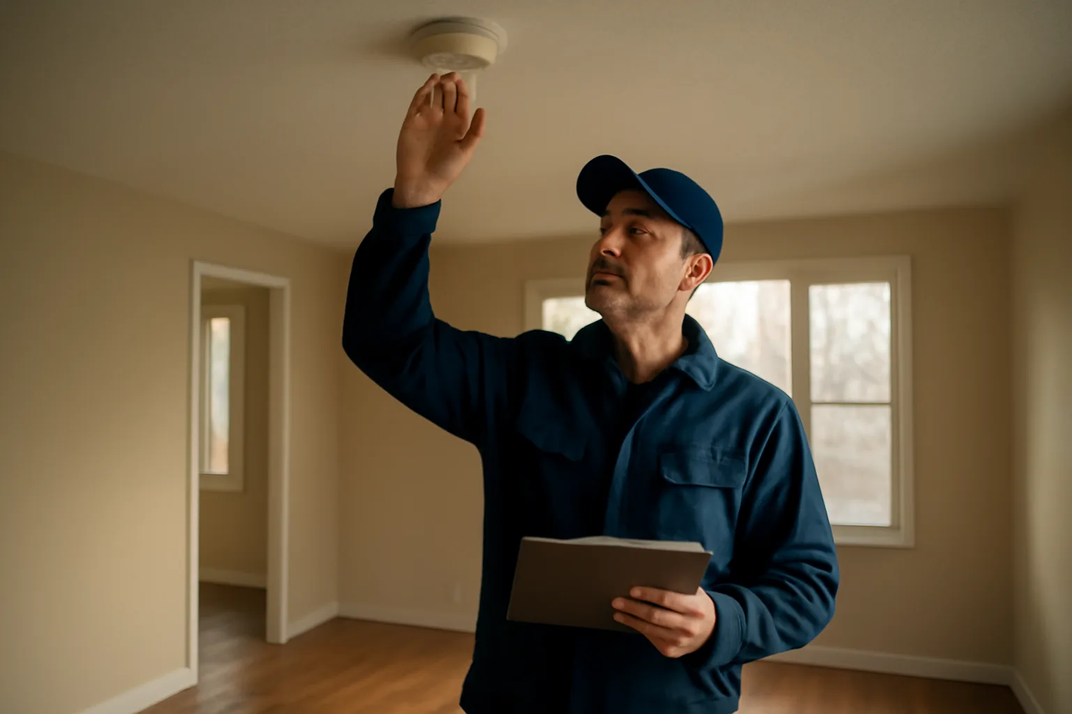 Landlord inspecting a smoke detector during a rental walk-through inspection