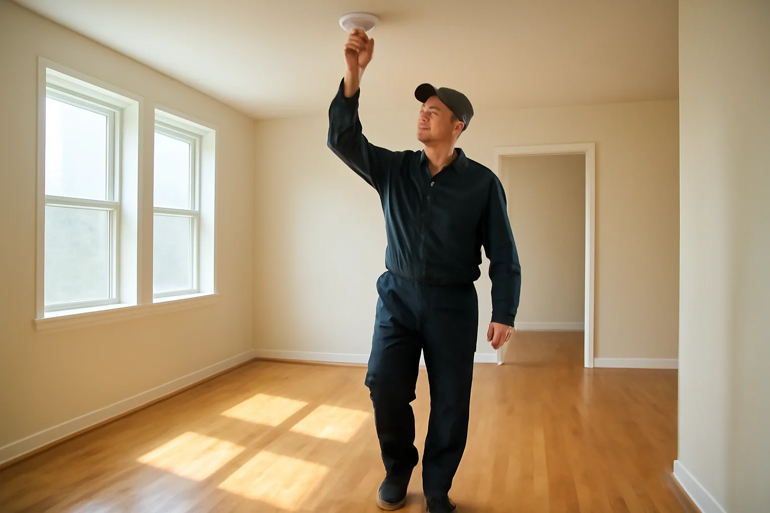 Landlord checking a smoke detector during a rental unit walk-through inspection