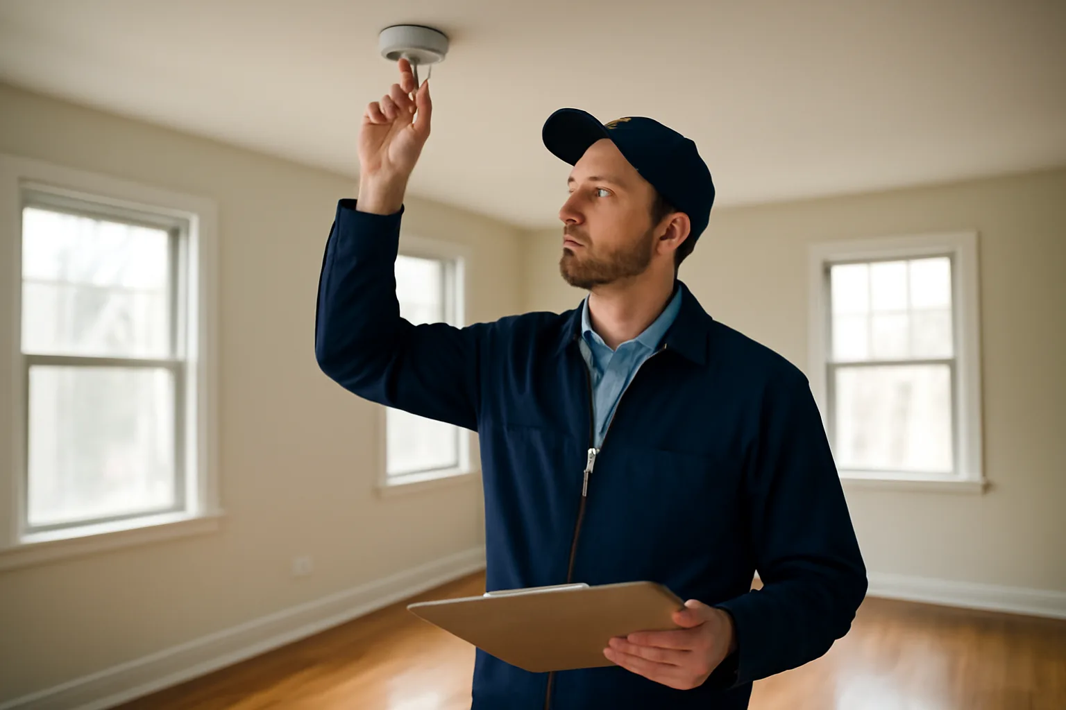 Landlord inspecting a smoke detector during a rental unit walk-through inspection