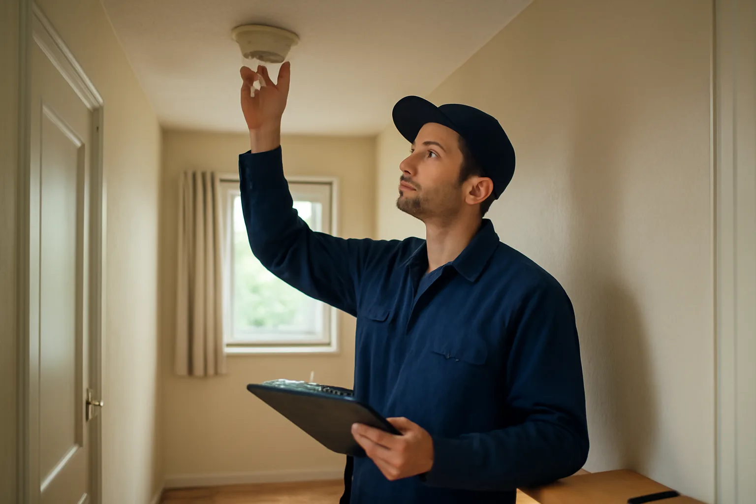 Inspector checking a smoke detector during a rental license inspection in an apartment hallway