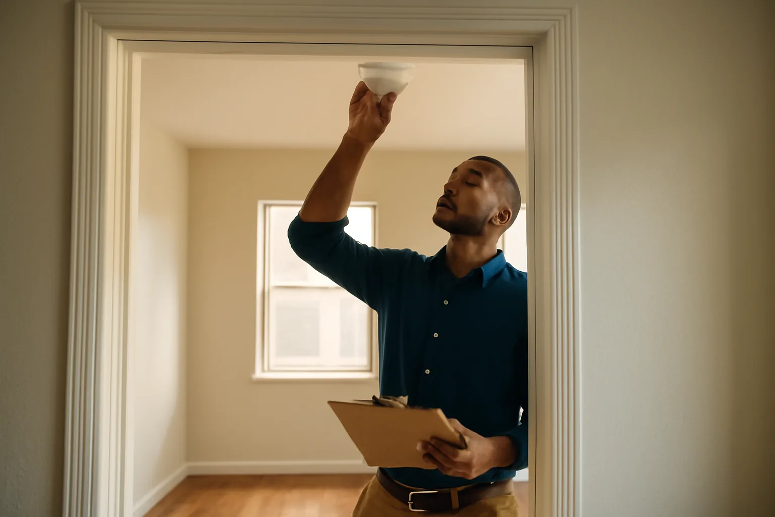 Landlord checking a smoke detector during a rental unit inspection walk-through