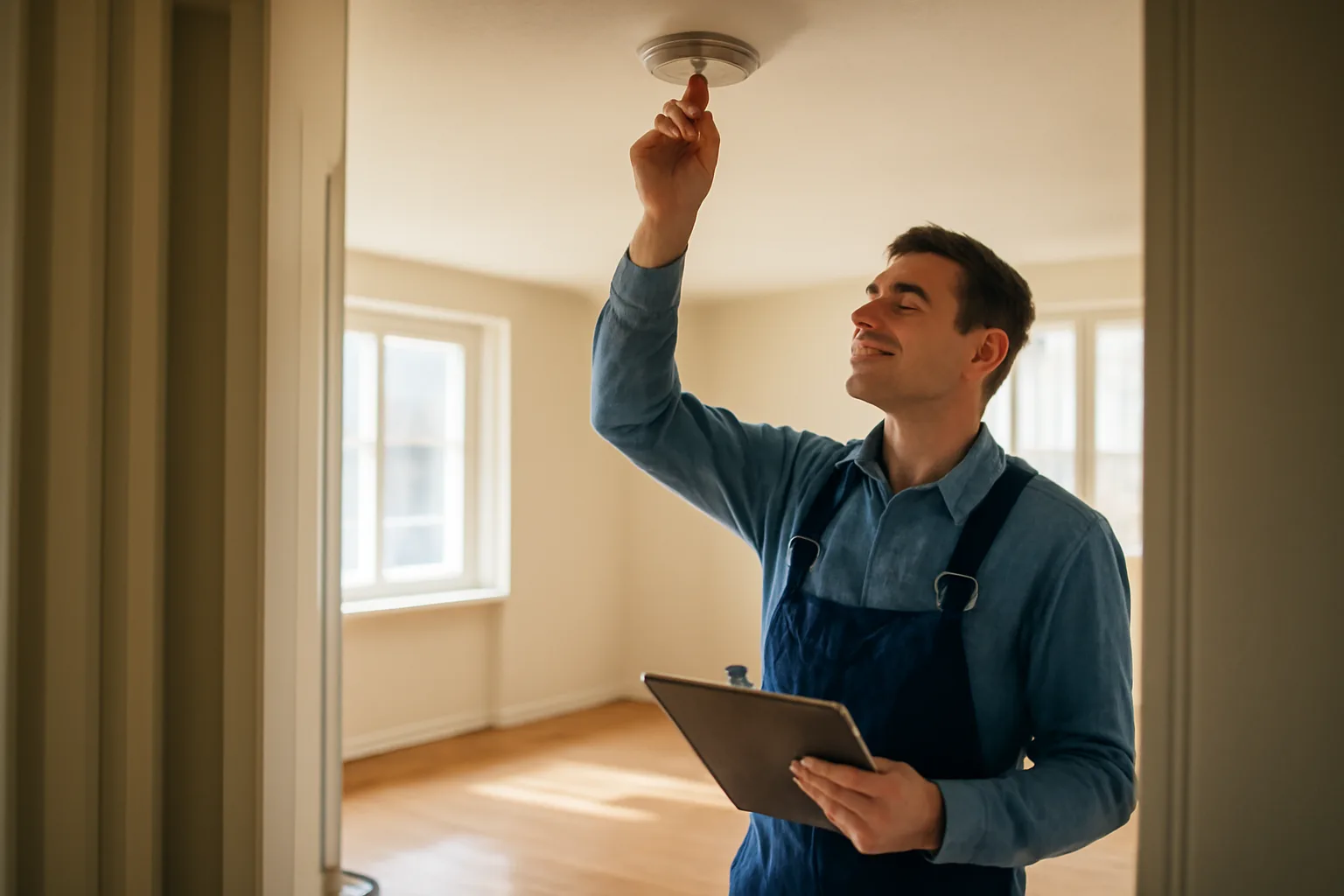 Landlord checking a smoke detector during a rental unit inspection walk-through