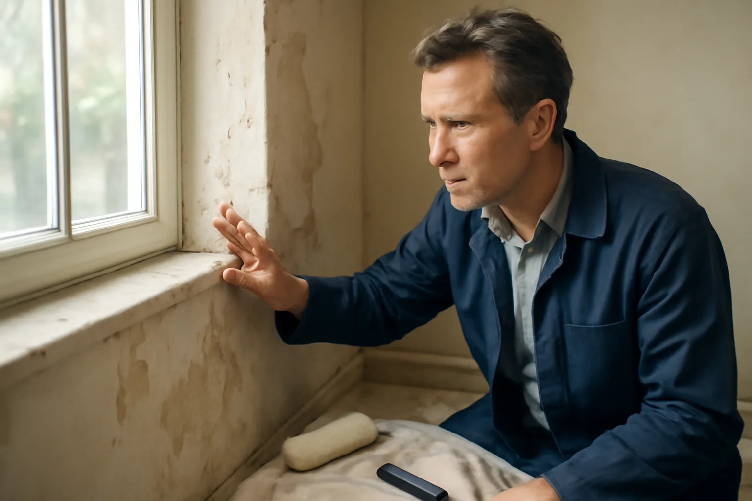 Landlord inspecting peeling paint on an interior wall before repainting a rental unit