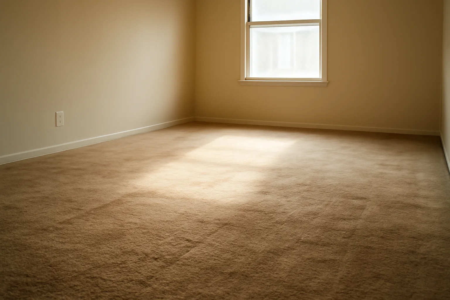 Empty rental apartment room showing worn carpet and natural afternoon light