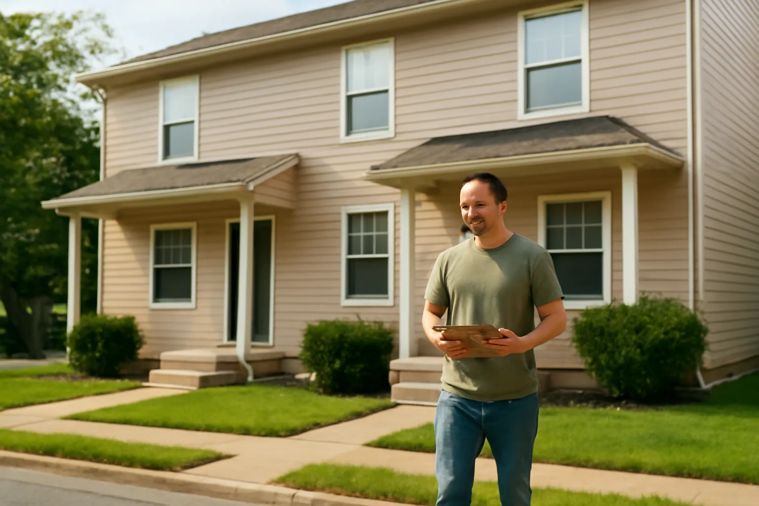 Landlord standing outside a small rental duplex before a licensing inspection visit