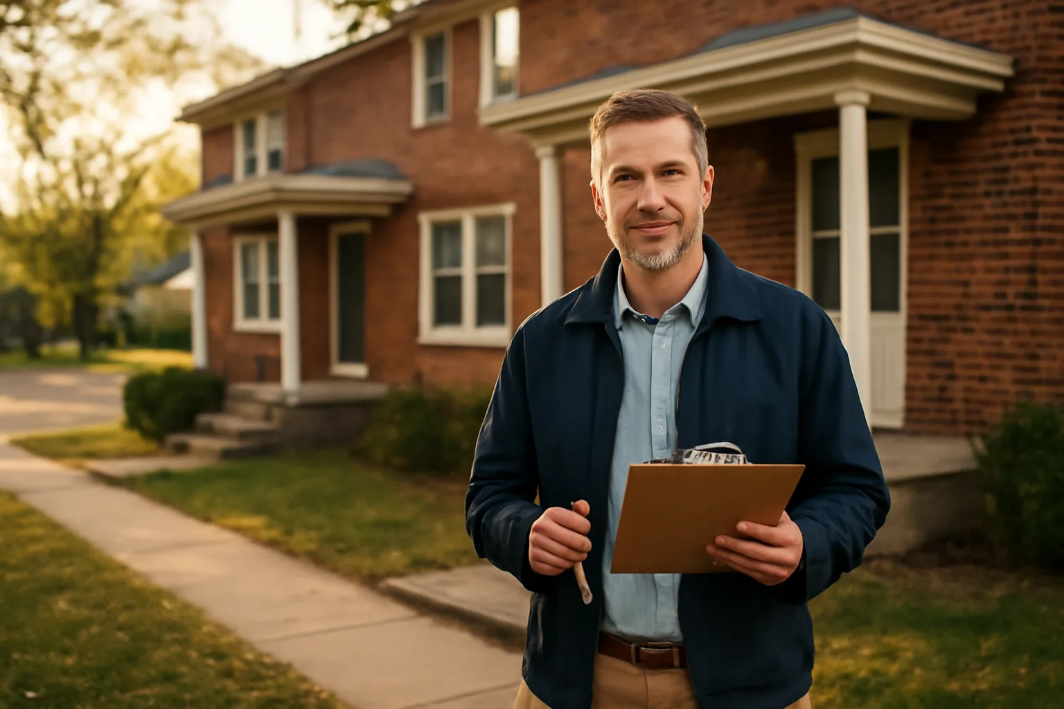 Landlord standing outside an Ohio rental duplex holding keys and a clipboard