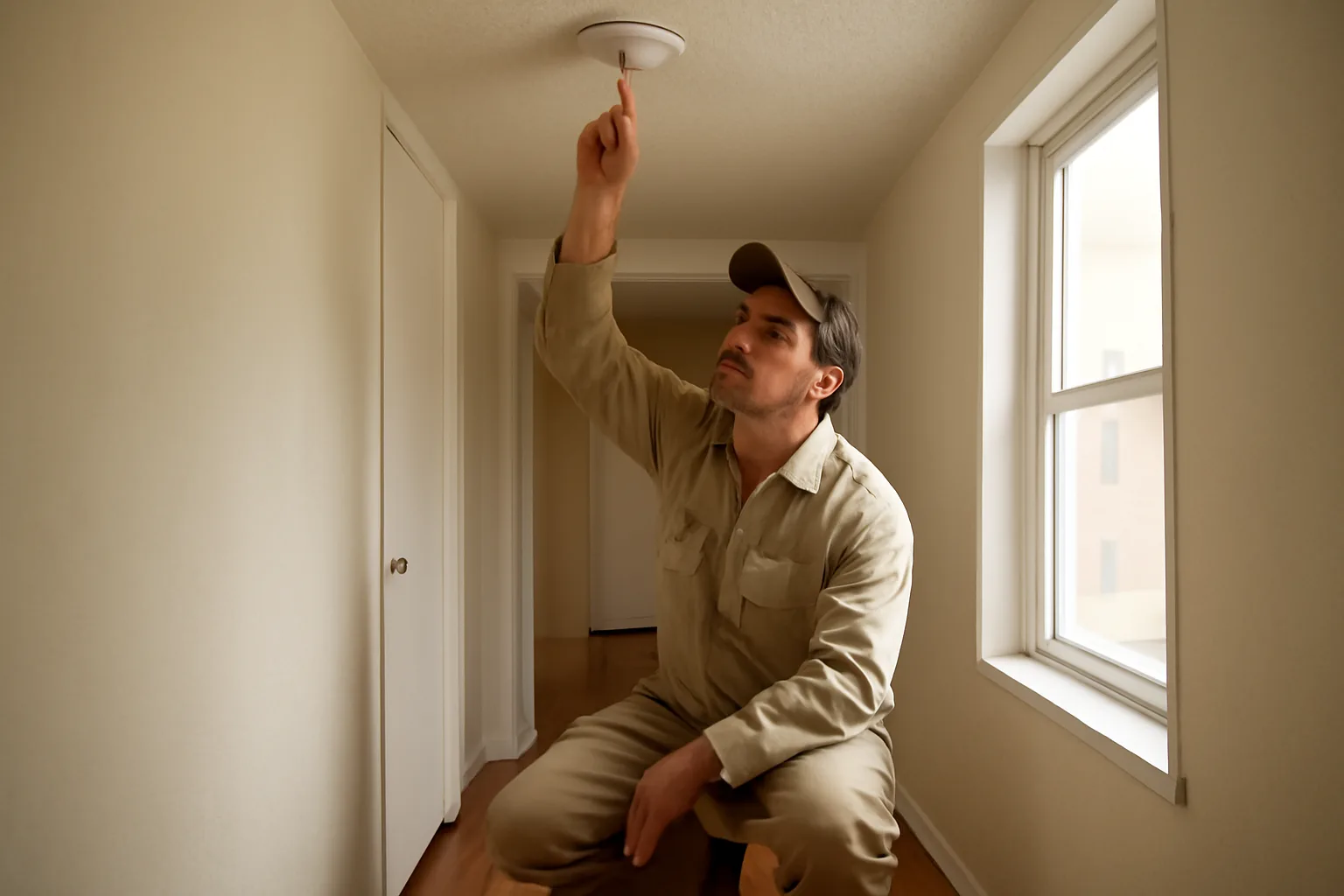 Landlord testing a smoke detector during a rental unit safety check