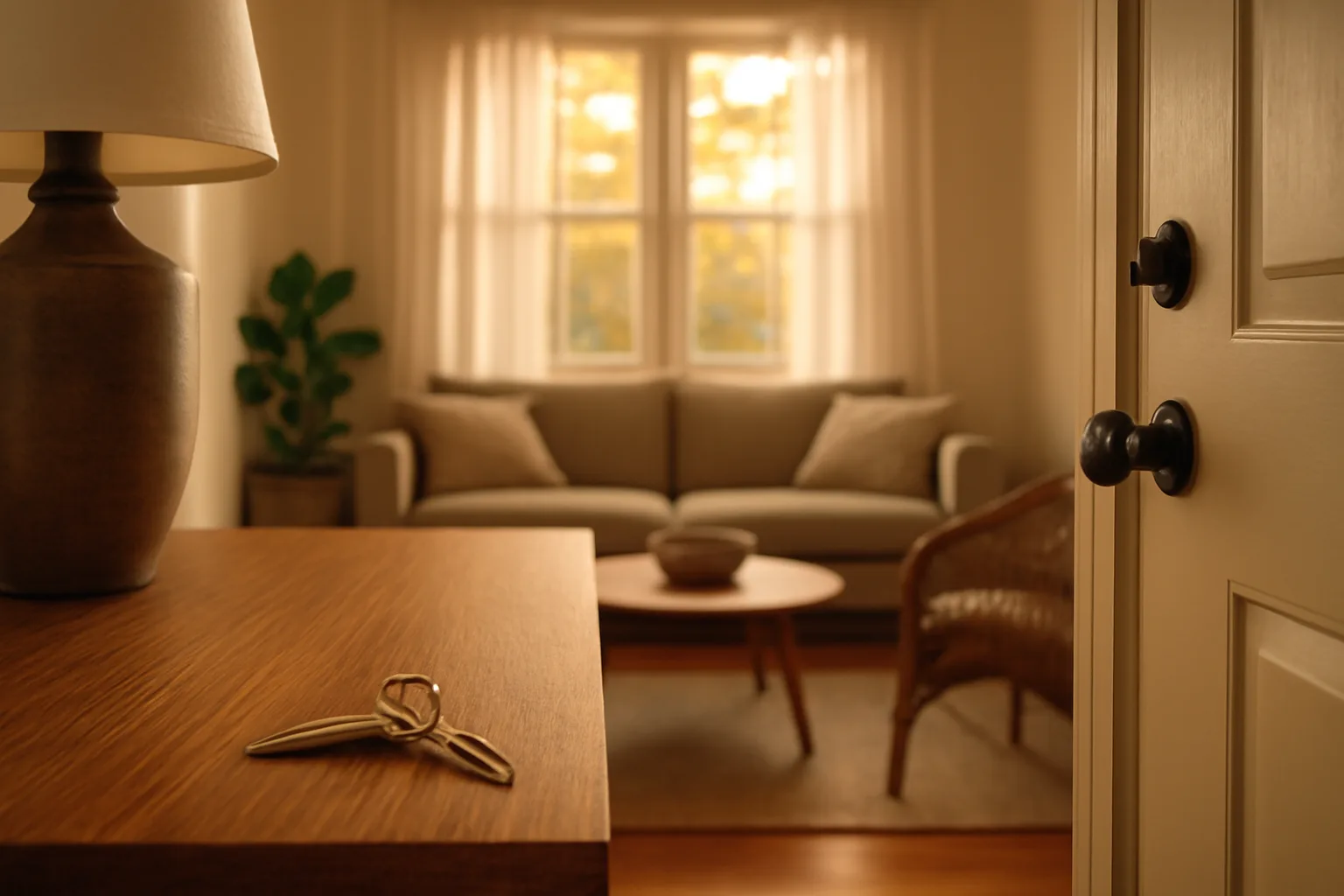 Sunlit living room entry table with house keys, representing starting a vacation rental company