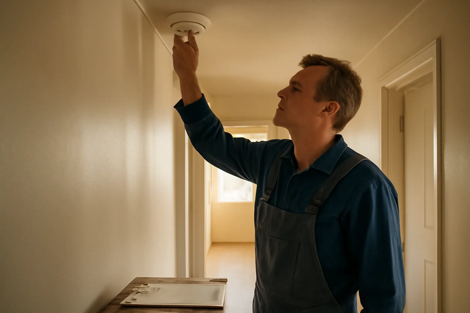 Landlord checking a smoke detector during a rental unit inspection