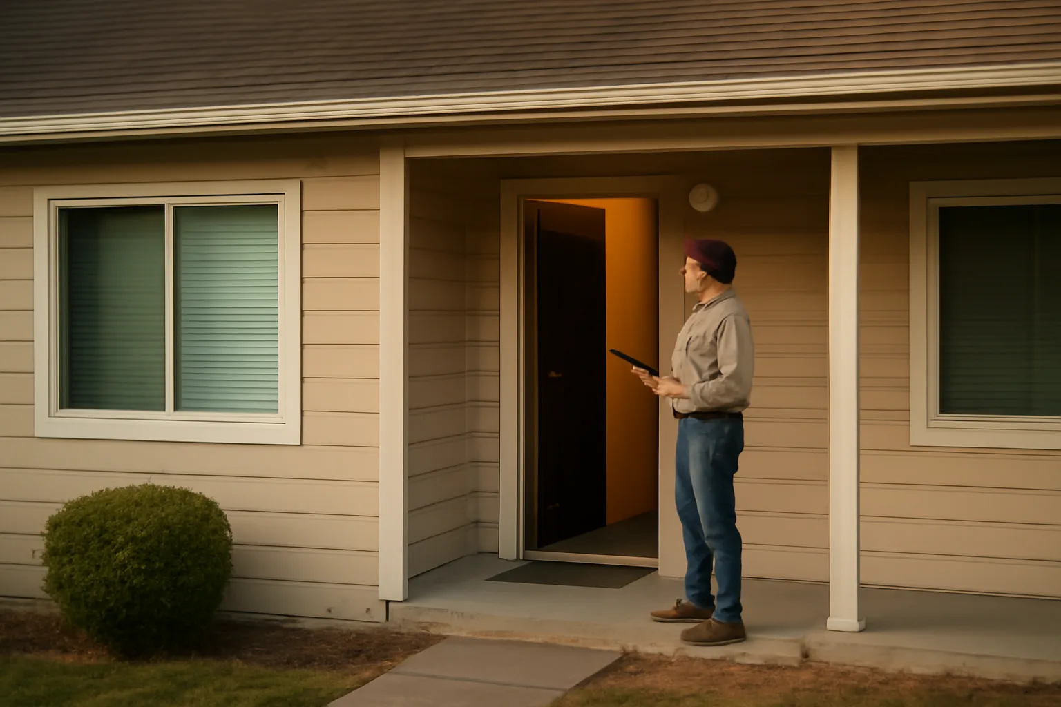 Landlord inspecting a rental duplex porch at golden hour before renting to tenants